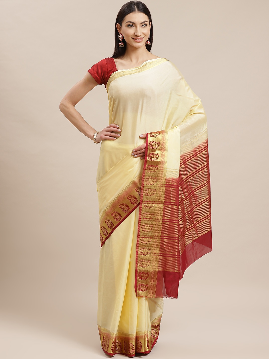 

Shaily Cream-Coloured & Maroon Solid Kanjeevaram Saree