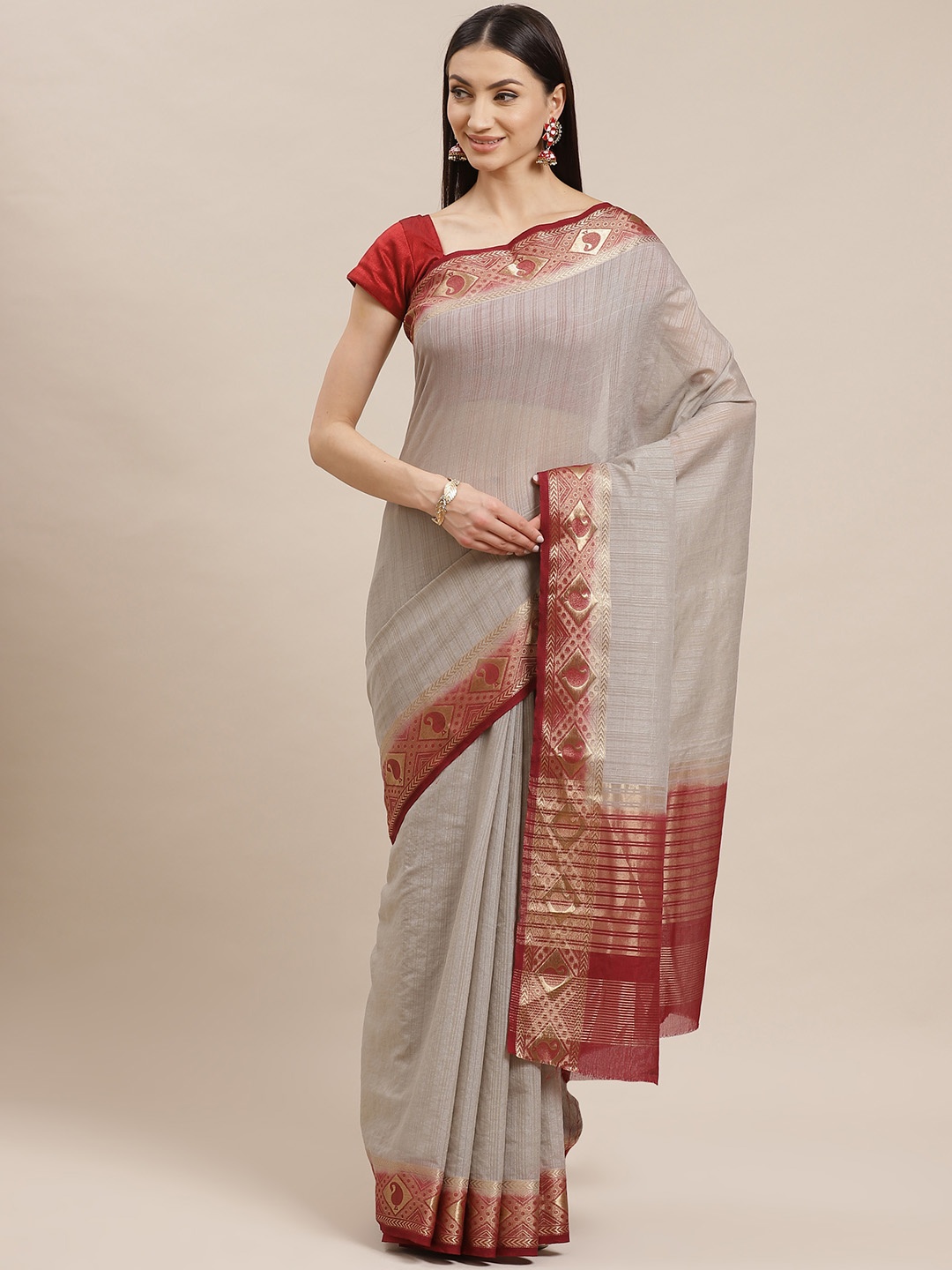 

Shaily Grey & Maroon Solid Kanjeevaram Saree