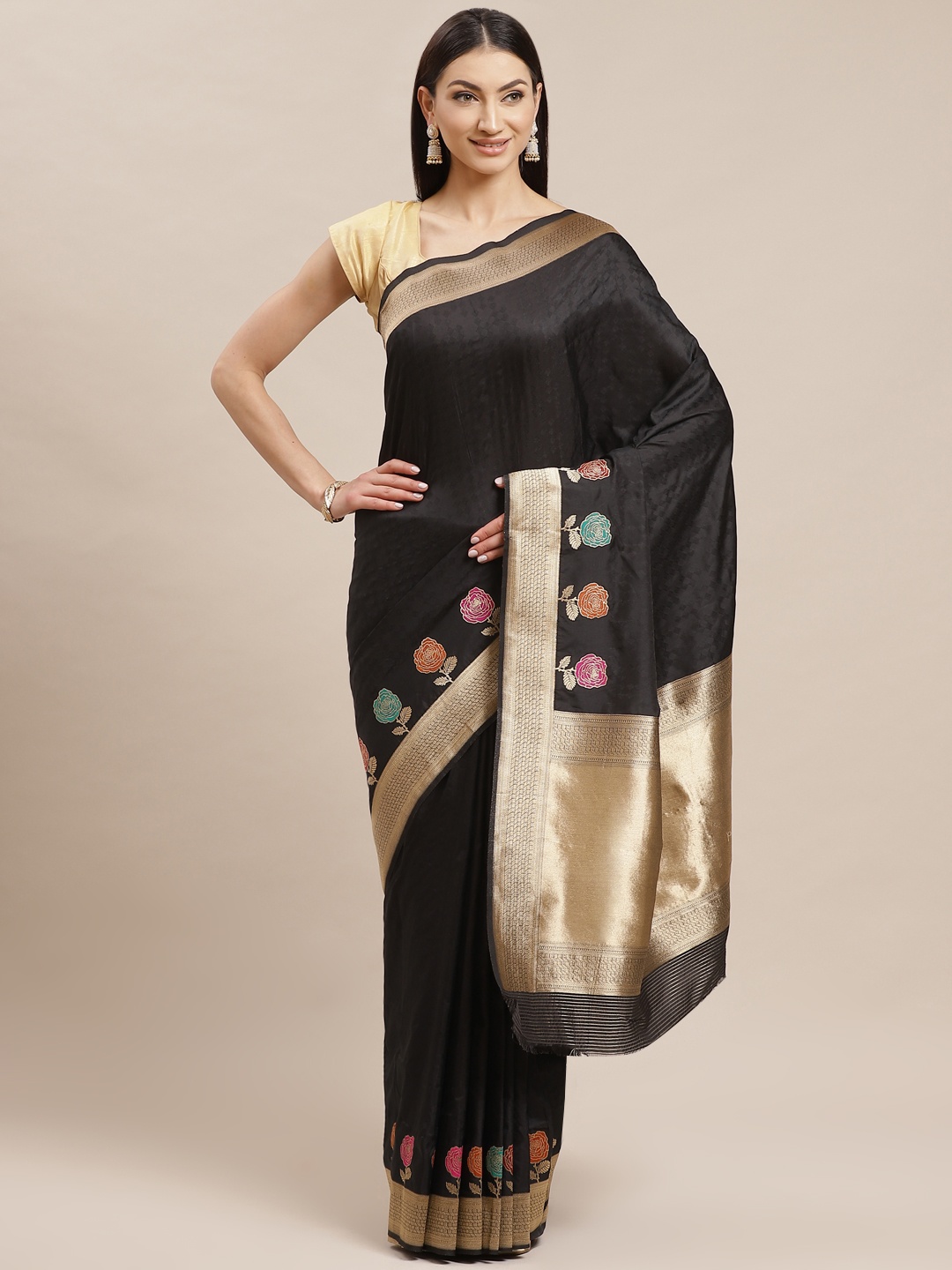 

Shaily Black & Golden Solid Banarasi Saree