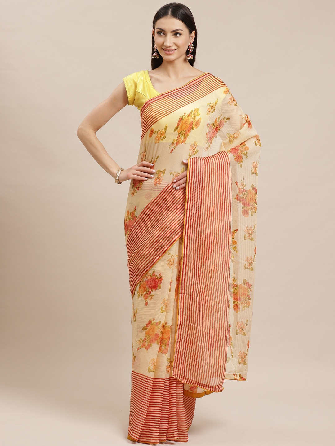 

Shaily Cream-Coloured & Pink Floral Printed Saree