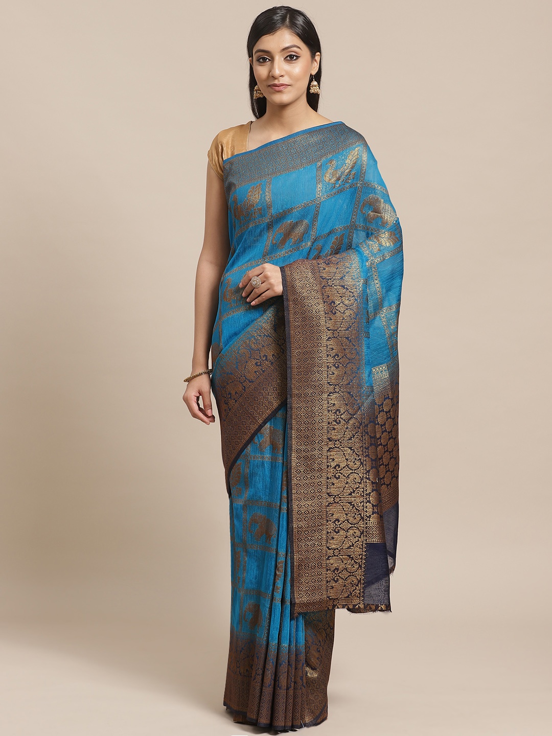 

Shaily Blue & Golden Zari Woven Design Kanjeevaram Saree