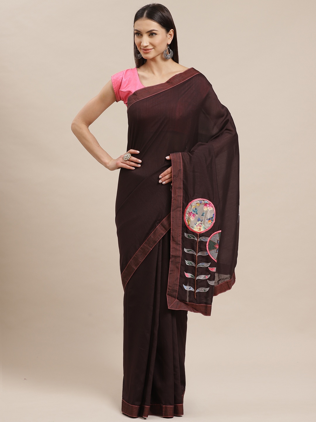 

Shaily Coffee Brown Floral Embroidered Detailed Solid Saree