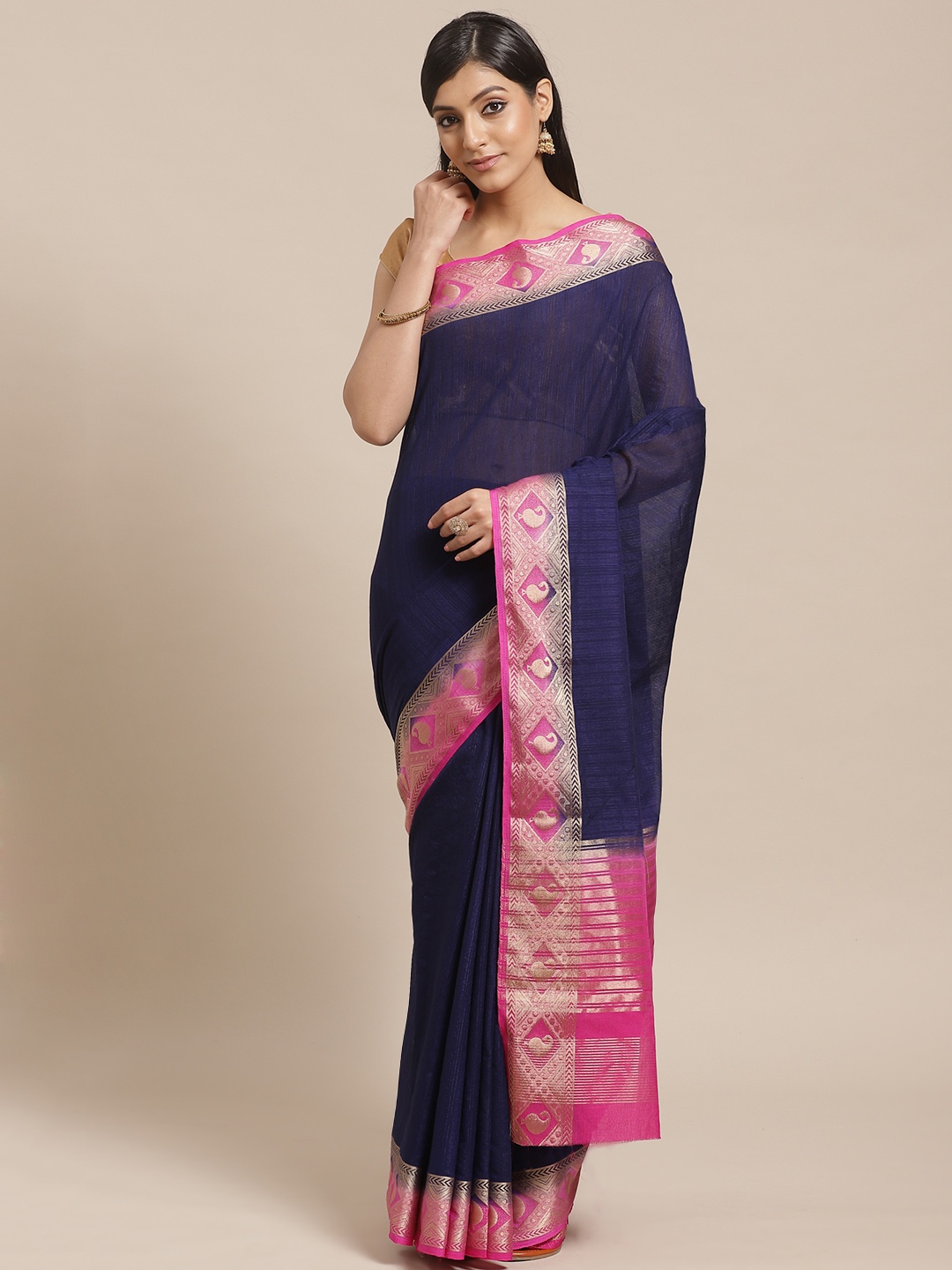 

Shaily Navy Blue Self-Striped Kanjeevaram Saree