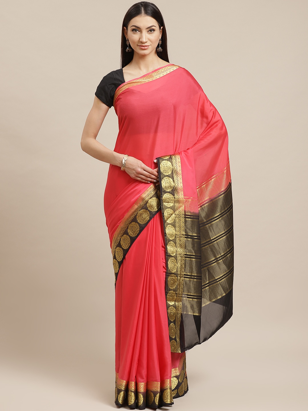 

Shaily Pink Solid Zari Kanjeevaram Saree