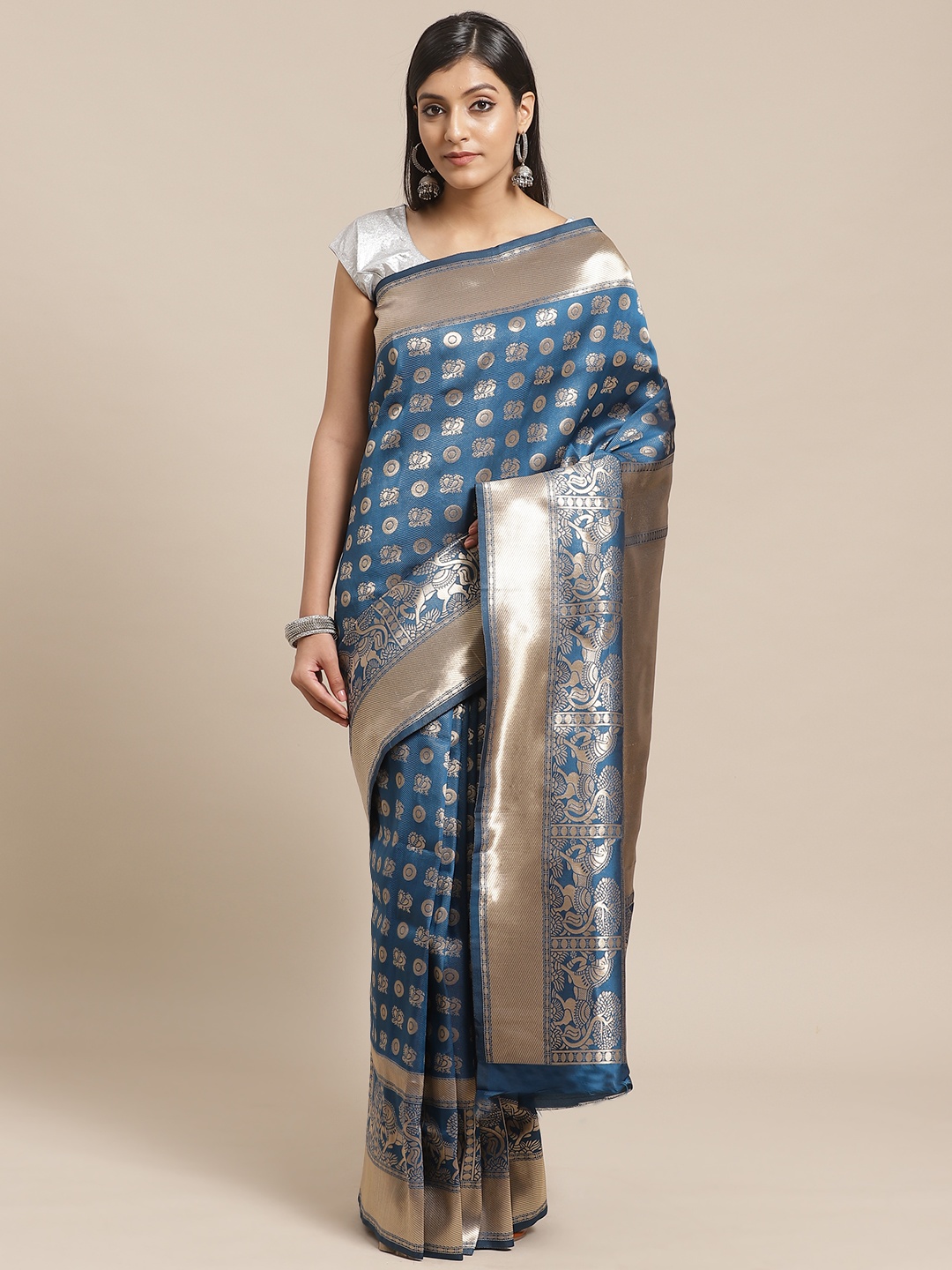

Shaily Teal Blue & Golden Zari Woven Design Banarasi Saree