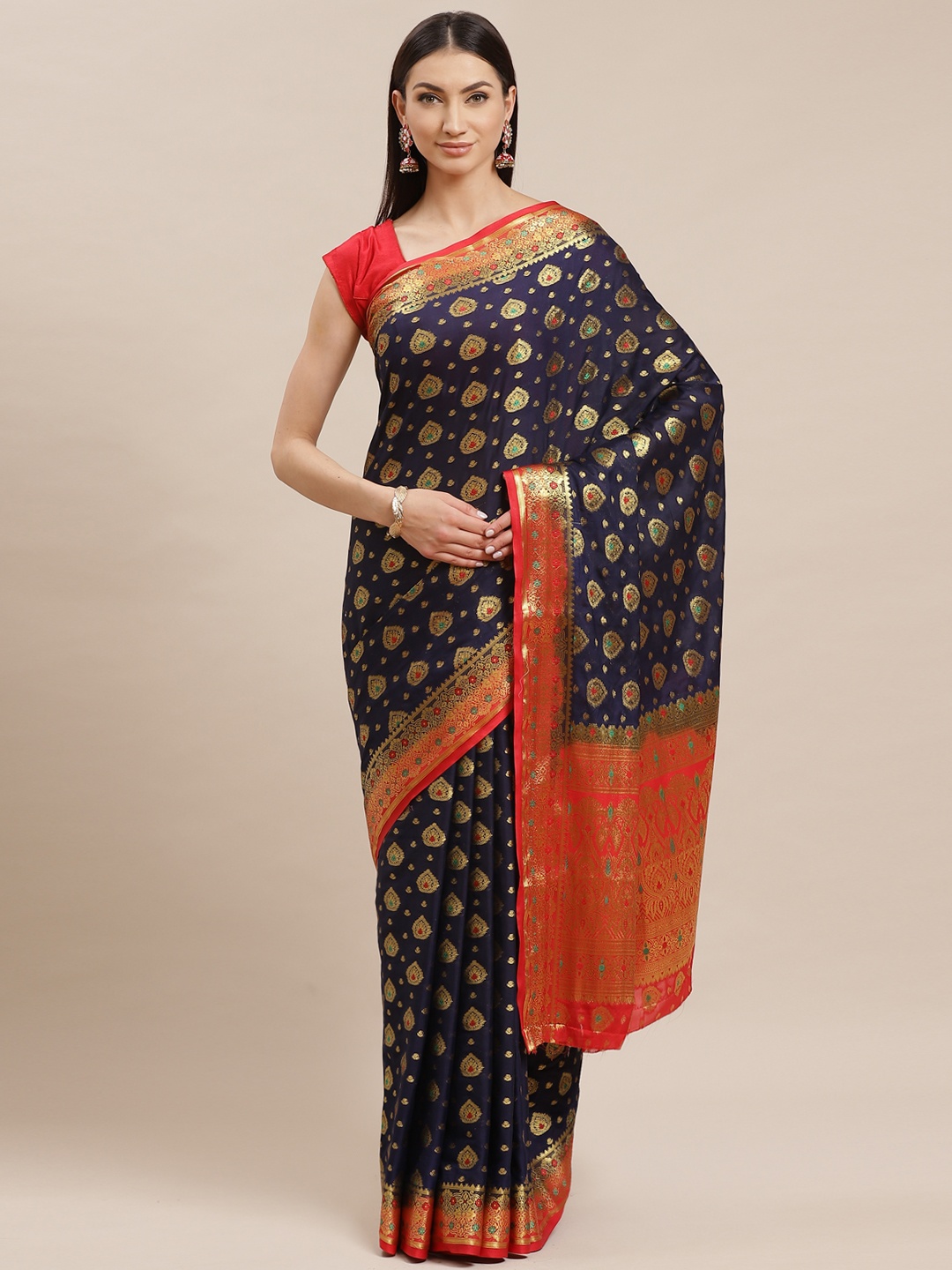 

Shaily Navy Blue & Golden Woven Design Zari Kanjeevaram Saree