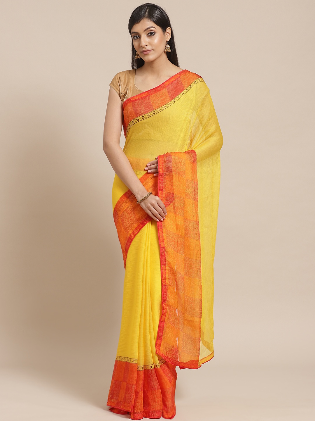 

Shaily Yellow & Orange Solid Saree