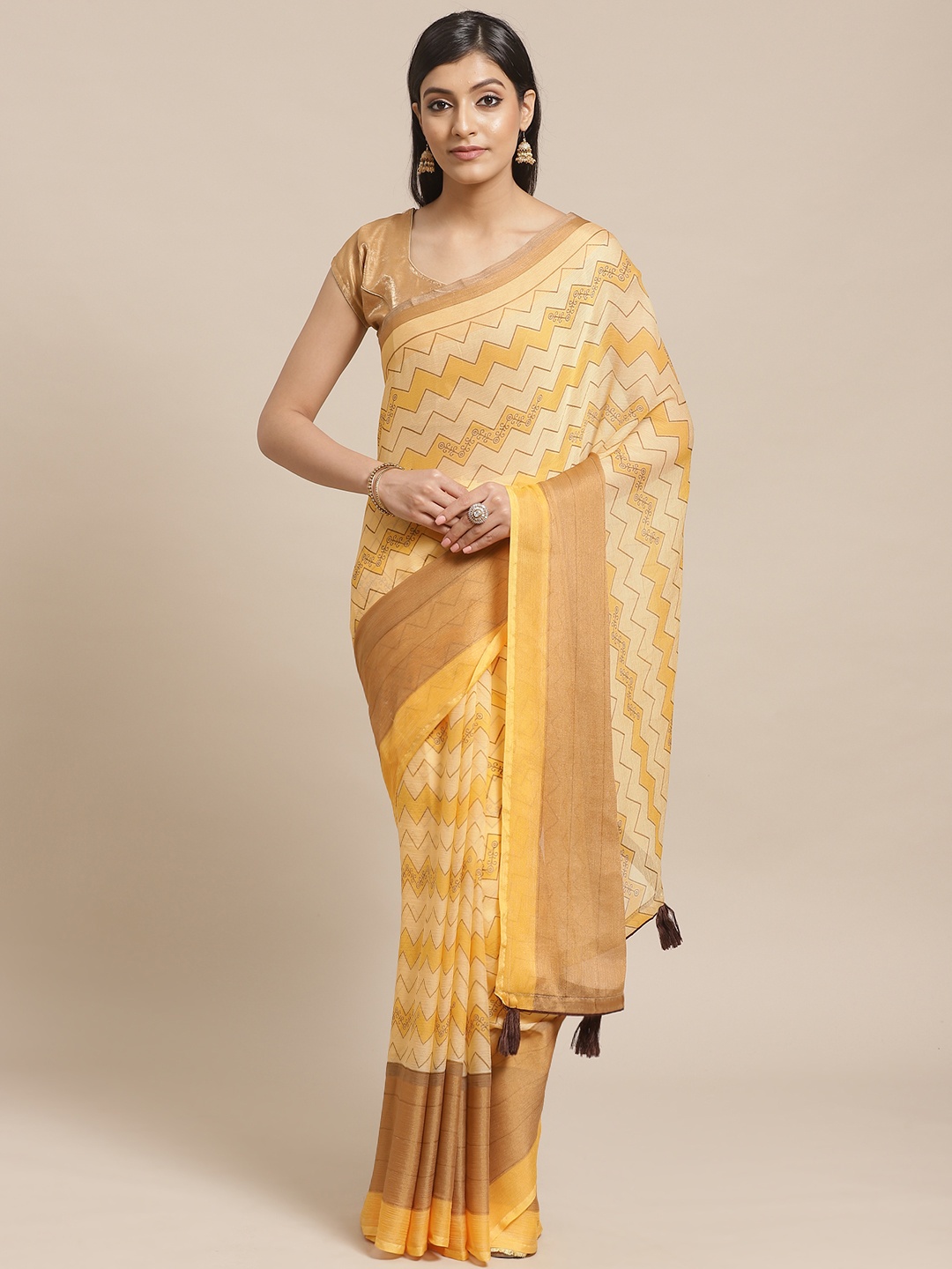 

Shaily Yellow & Brown Chevron Printed Saree