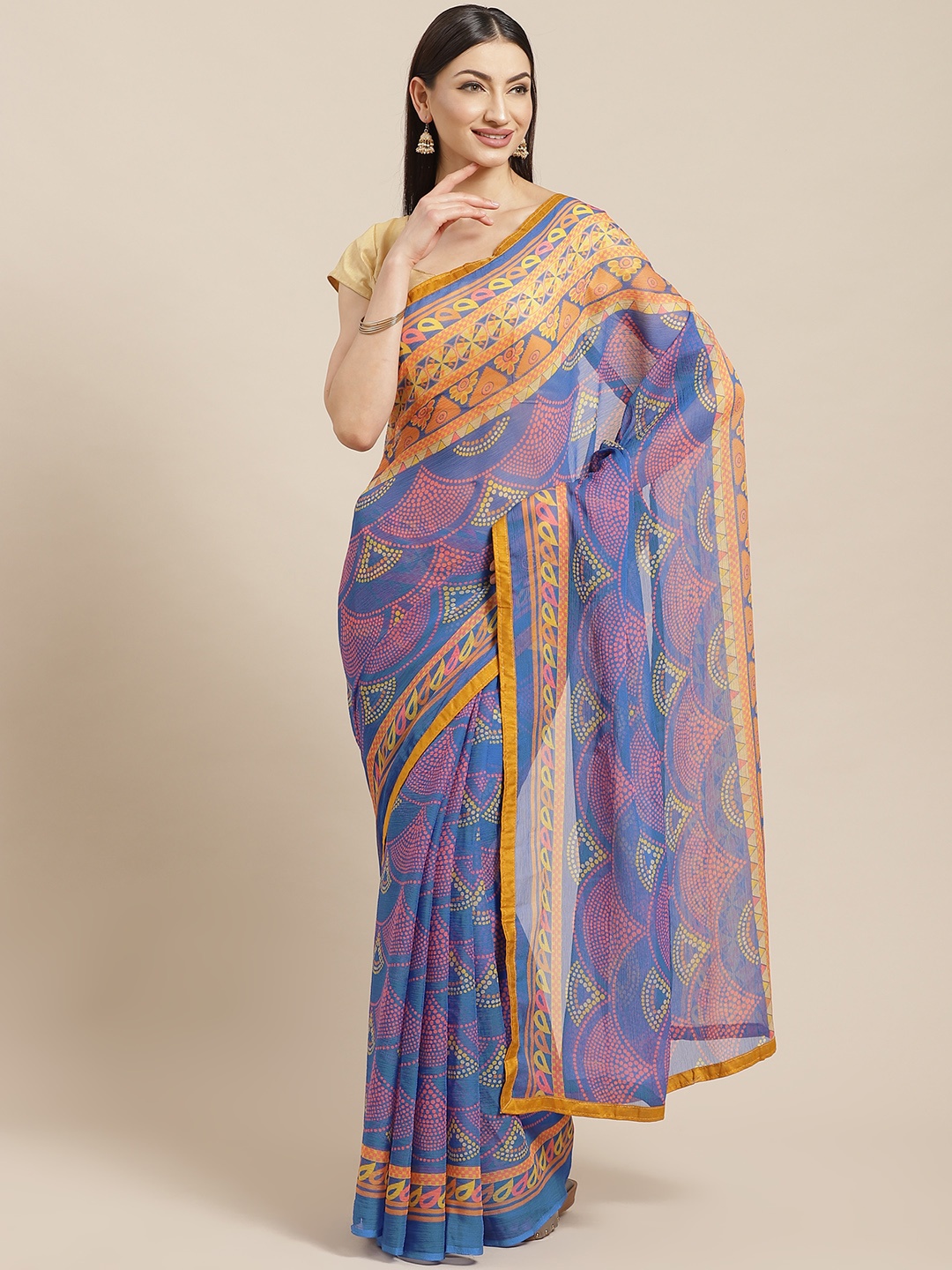 

Shaily Blue & Pink Ethnic Printed Saree