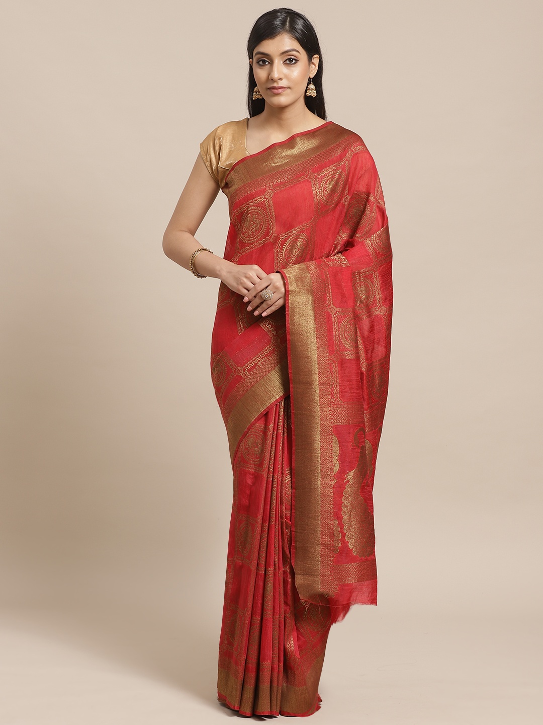 

Shaily Red & Golden Zari Woven Design Saree