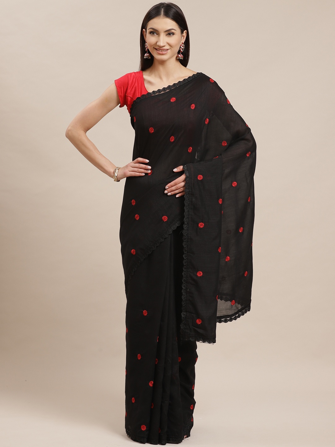 

Shaily Black & Red Ethnic Embroidered Saree
