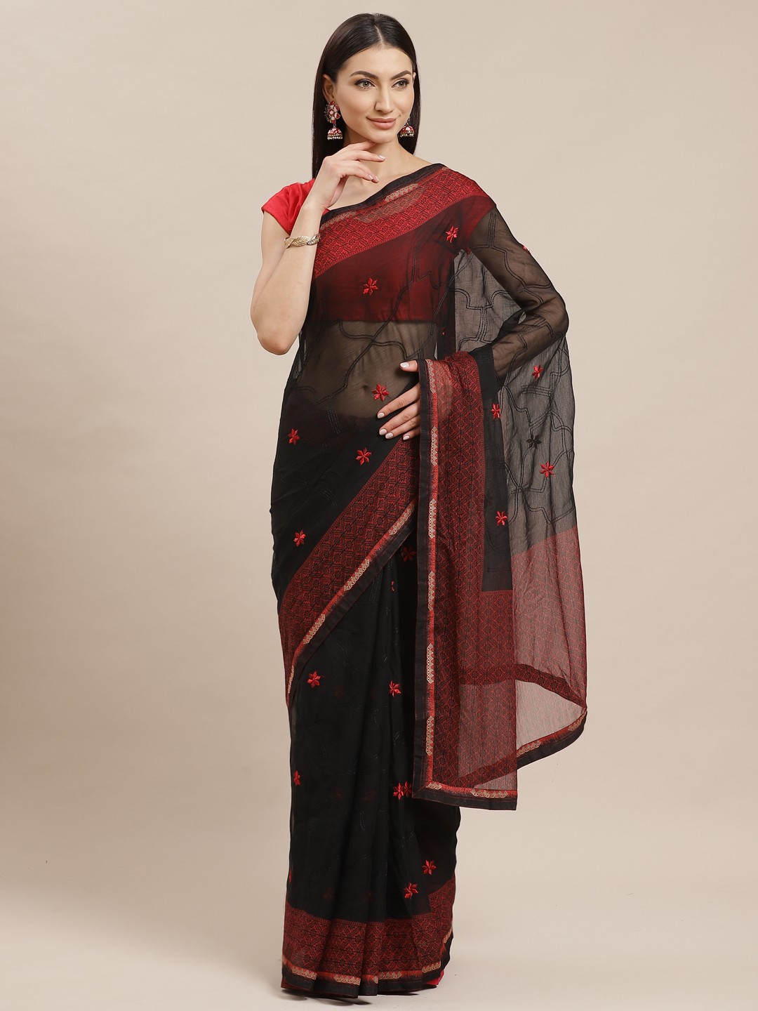 

Shaily Black & Red Floral Embroidered Saree