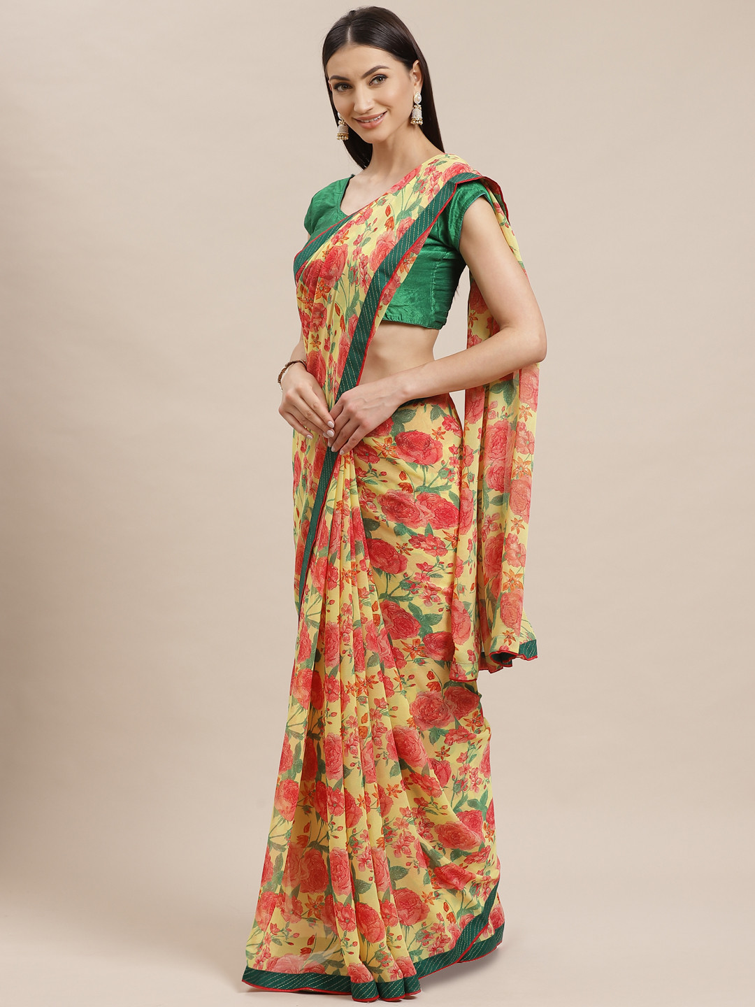 

Shaily Yellow & Red Floral Printed Saree