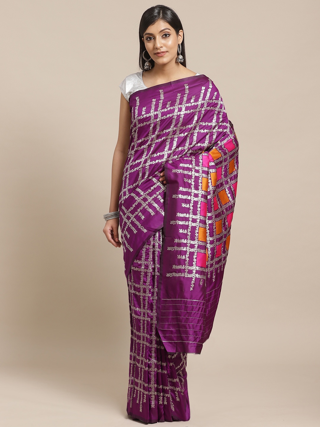 

Shaily Purple & Silver Self-Checked Saree
