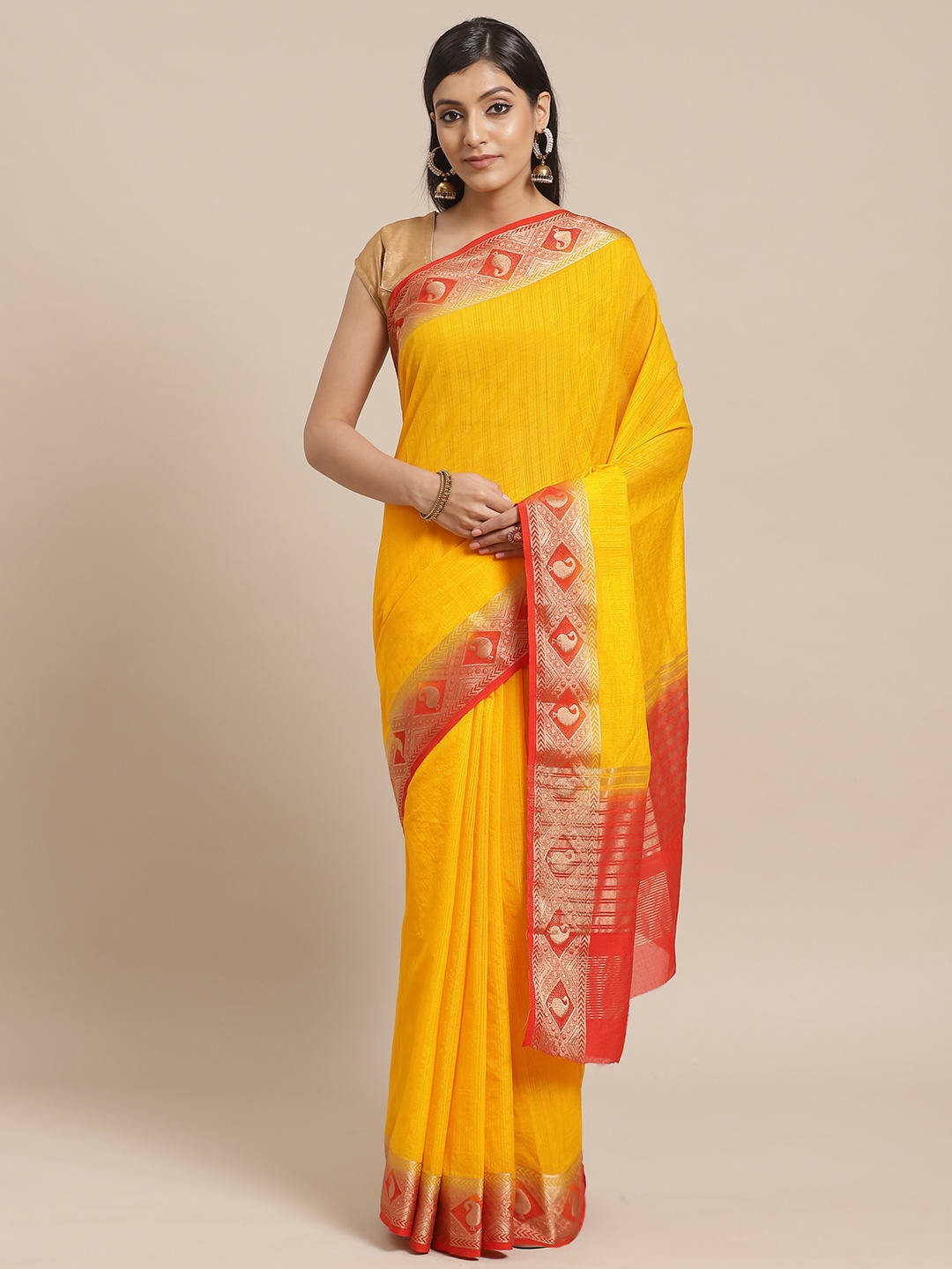 

Shaily Yellow & Red Solid Kanjeevaram Saree