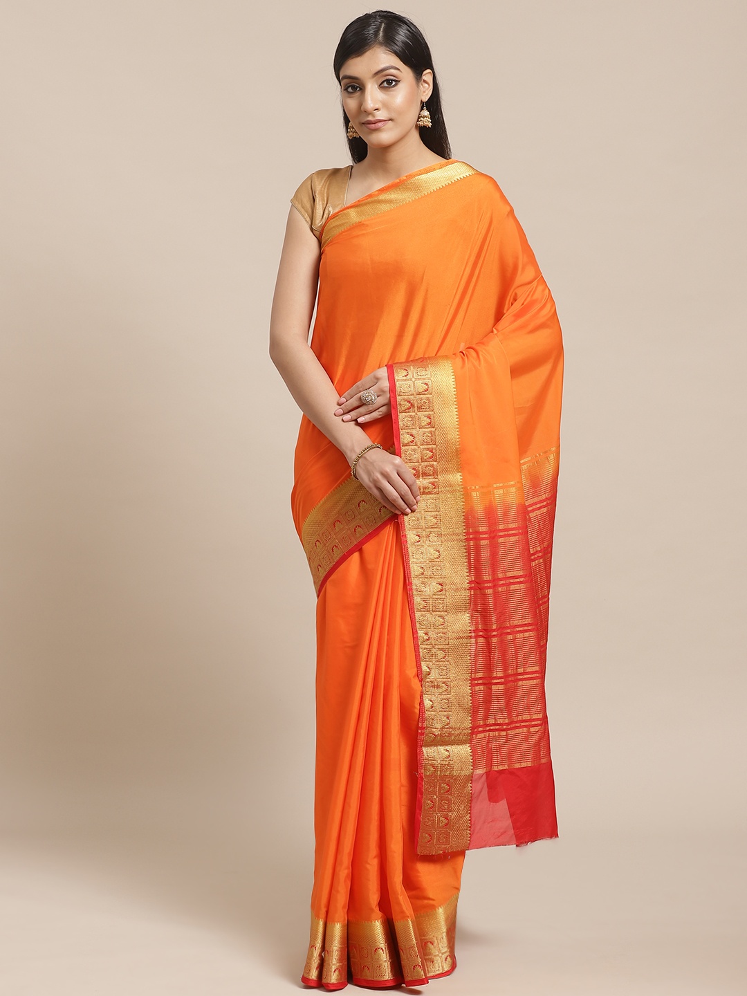 

Shaily Orange Zari Solid Kanjeevaram Saree