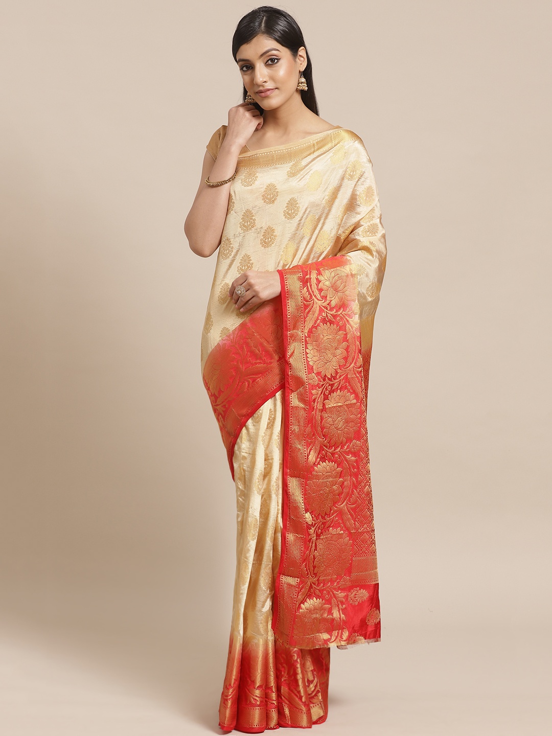 

Shaily Beige & Golden Zari Woven Design Saree