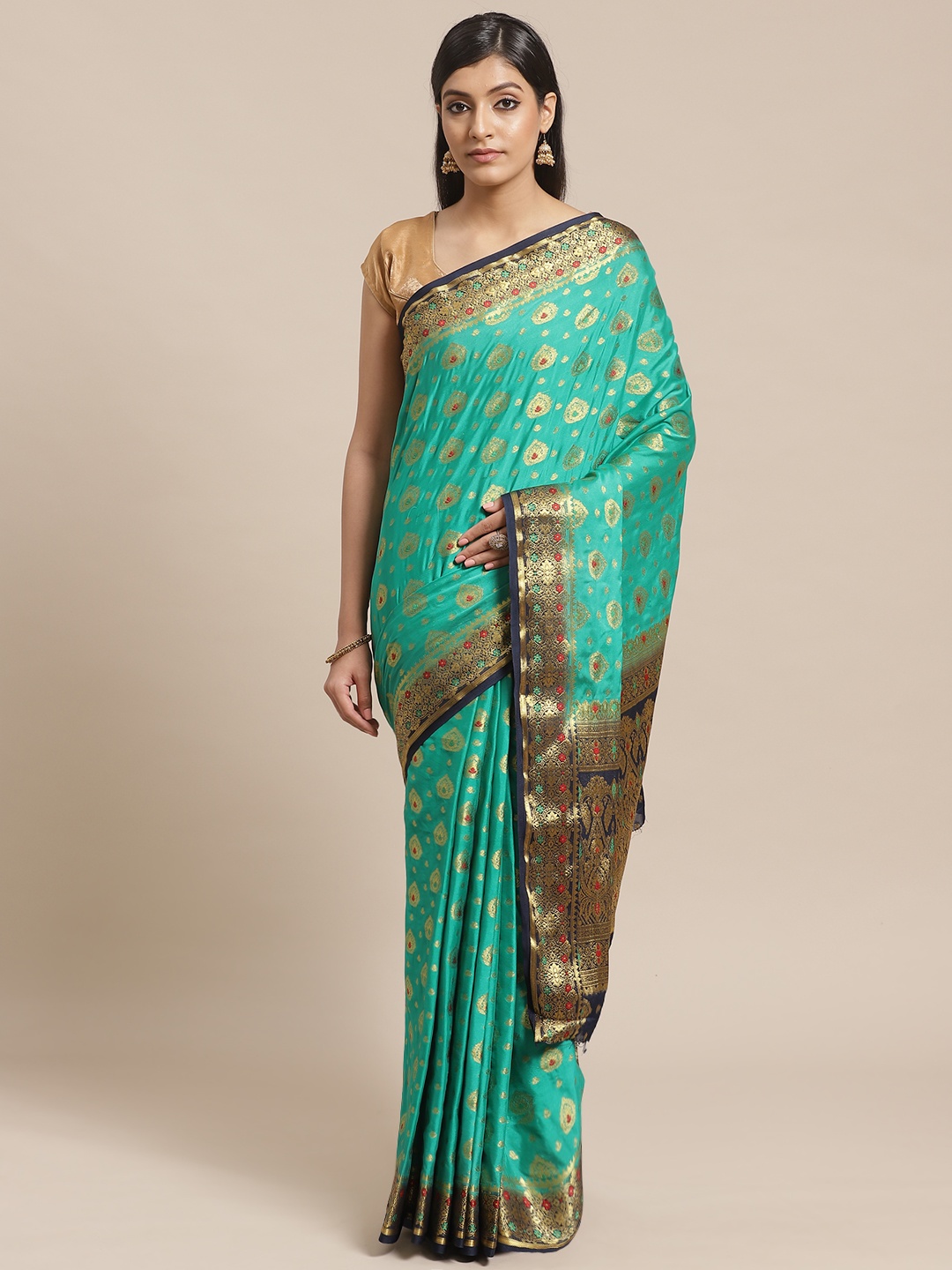 

Shaily Green & Golden Zari Woven Design Kanjeevaram Saree