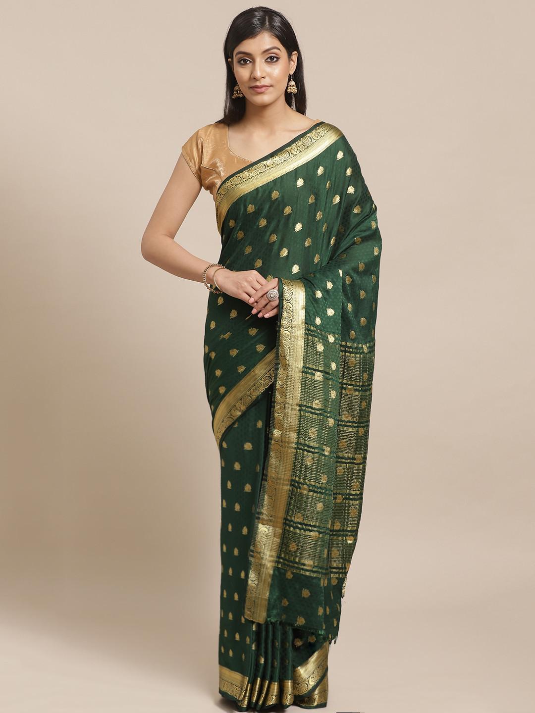 

Shaily Green & Golden Zari Woven Design Banarasi Saree