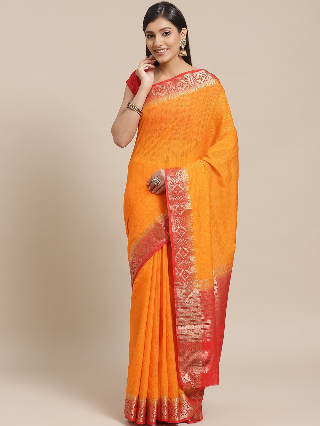 

Shaily Orange Self-Striped Kanjeevaram Saree