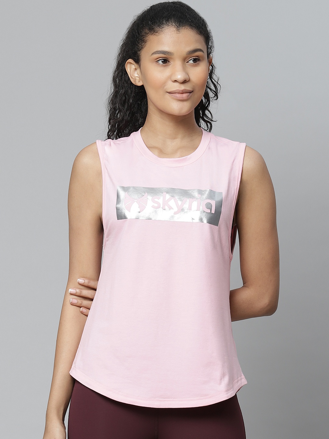 

skyria Women Pink & Silver Printed High-Low Tank Top