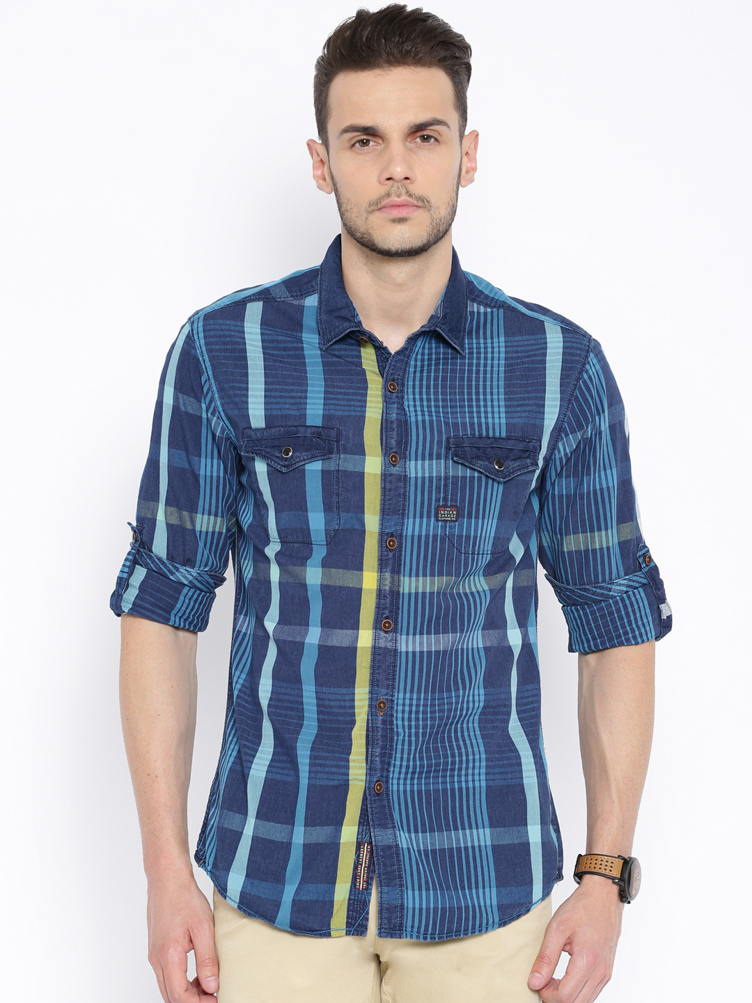 

The Indian Garage Co. Navy Checked Slim Casual Shirt, Navy blue