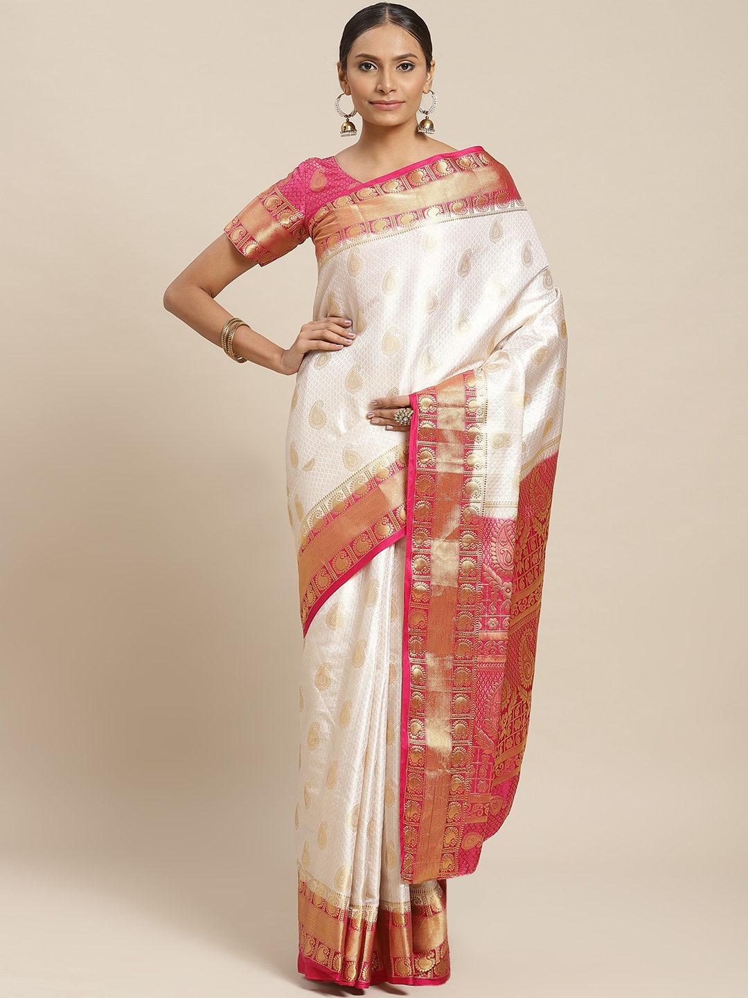 

Readiprint Fashions Off-White & Pink Woven Design Bhagalpuri Saree