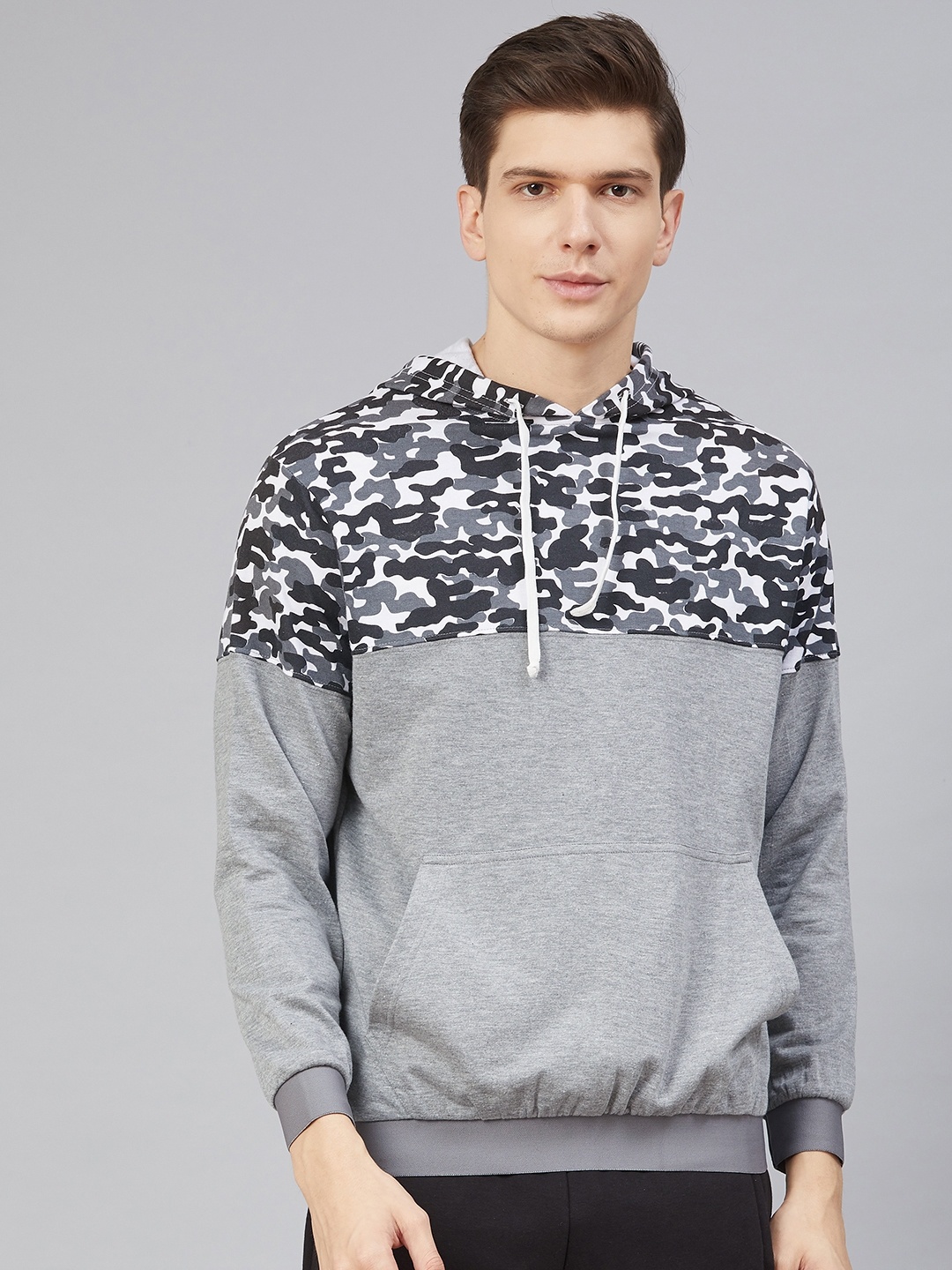 

Hubberholme Men Grey & Black Camouflage Print Hooded Sweatshirt