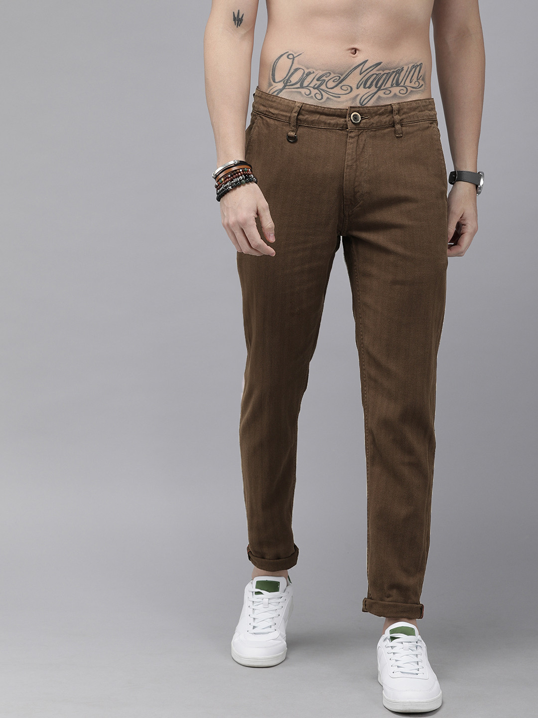 

Roadster Men Brown Regular Fit Striped Regular Trousers
