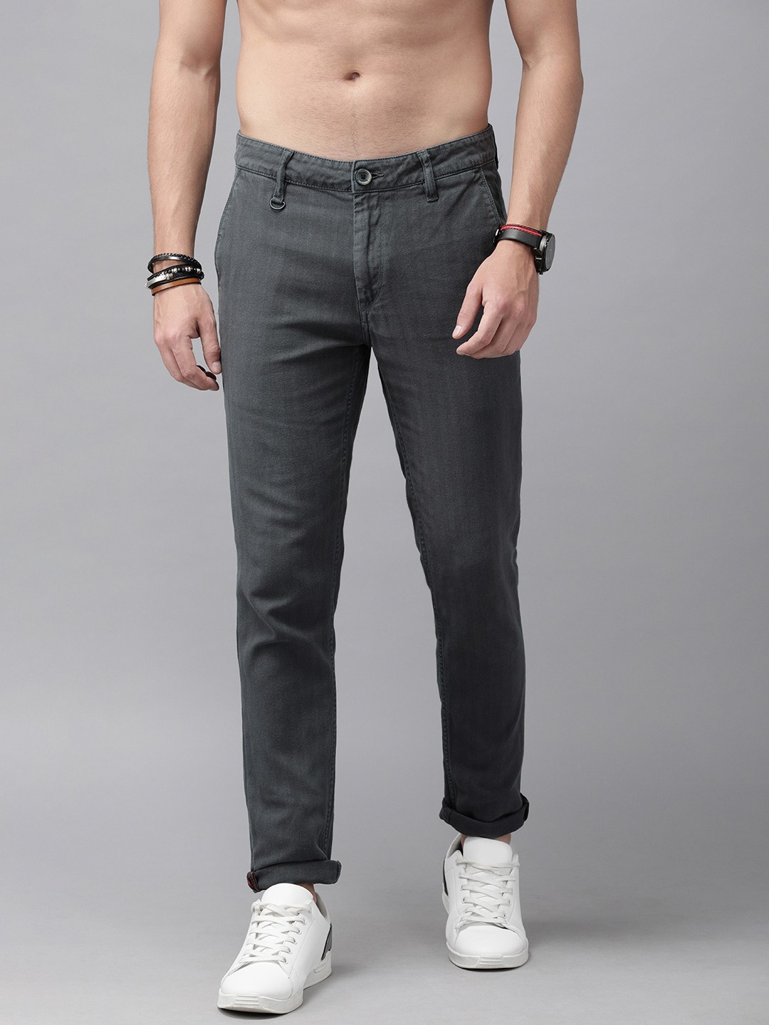 

Roadster Men Charcoal Grey Regular Fit Self-Striped Regular Trousers