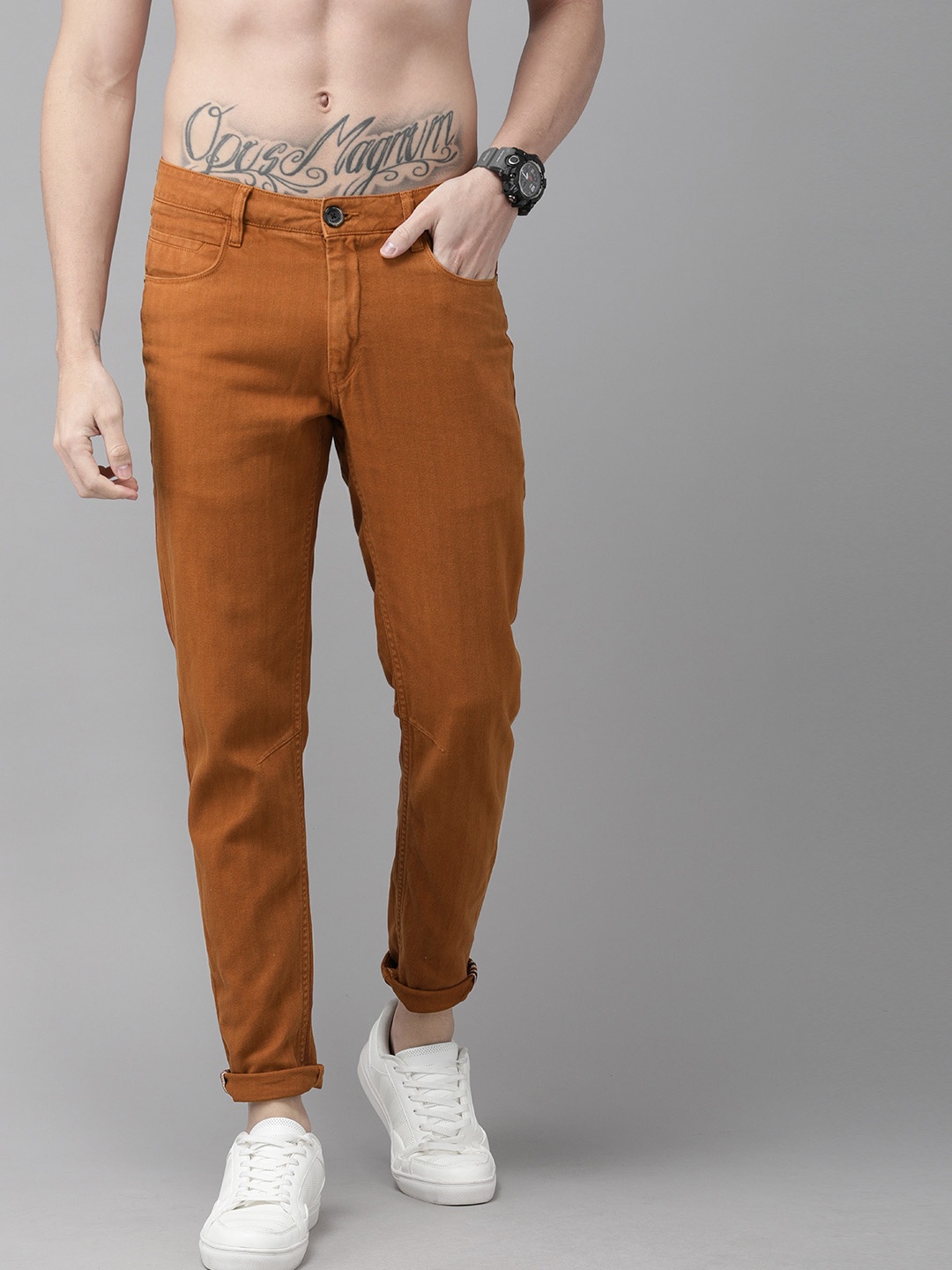 

Roadster Men Mustard Yellow Regular Fit Solid Pure Cotton Trousers