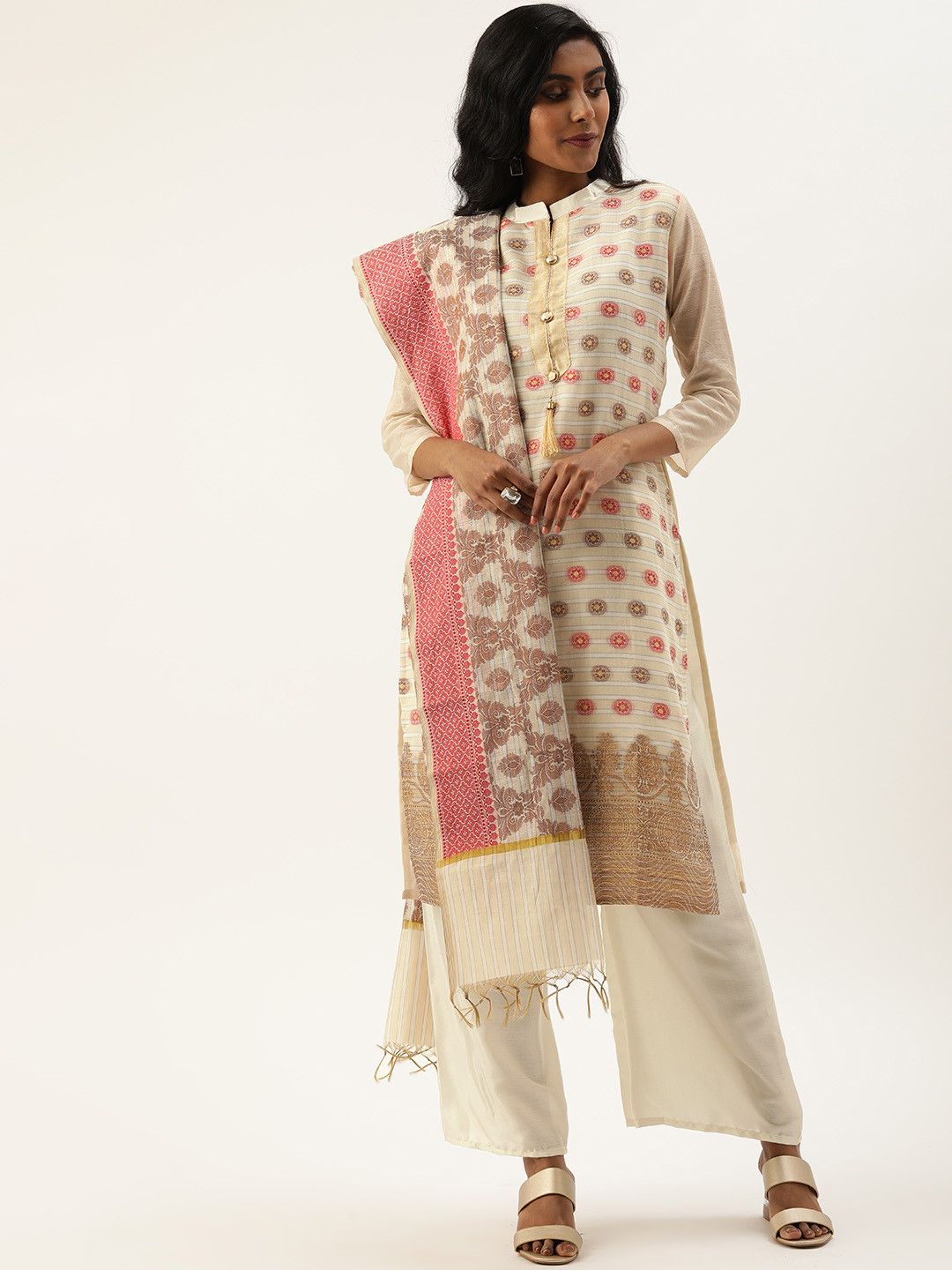 

Rajnandini Off-White & Beige Silk Blend Unstitched Dress Material