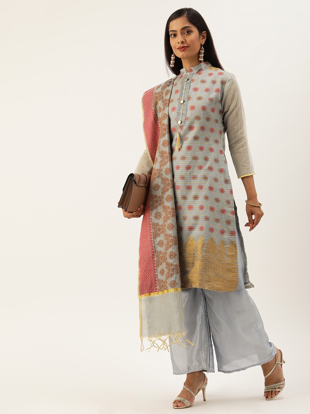 

Rajnandini Grey & Pink Silk Blend Unstitched Dress Material