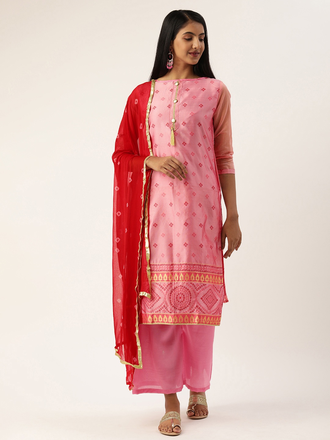 

Rajnandini Pink & Red Silk Blend Unstitched Dress Material