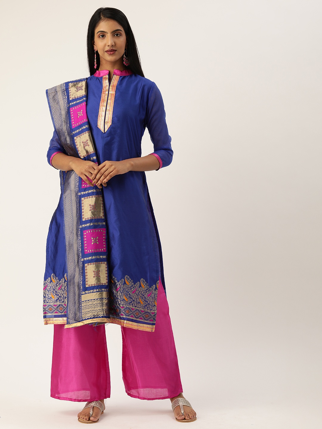 

Rajnandini Blue & Pink Silk Blend Unstitched Dress Material