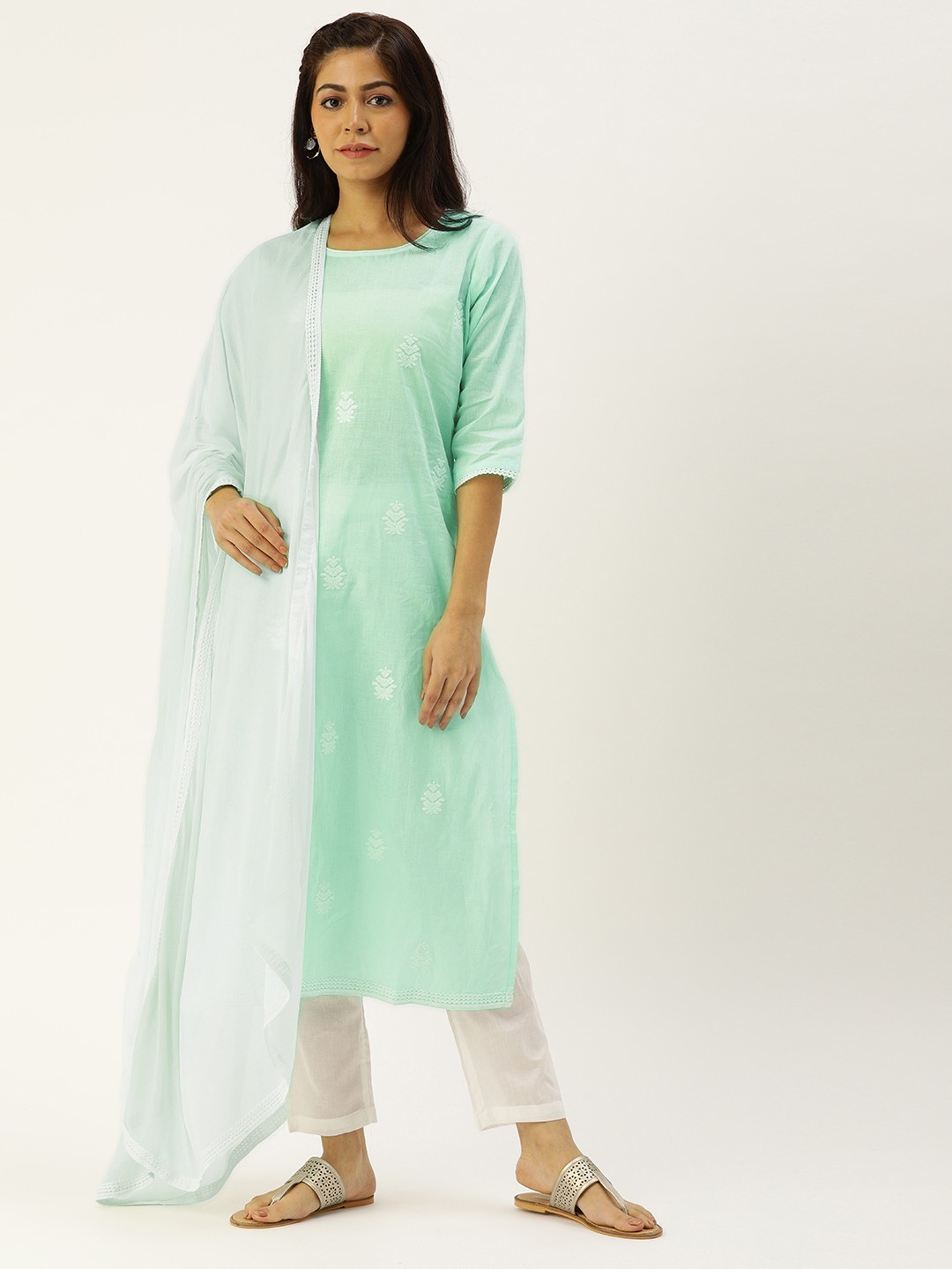 

CATCHY Women Blue & White Embroidered Kurta with Trousers & Dupatta