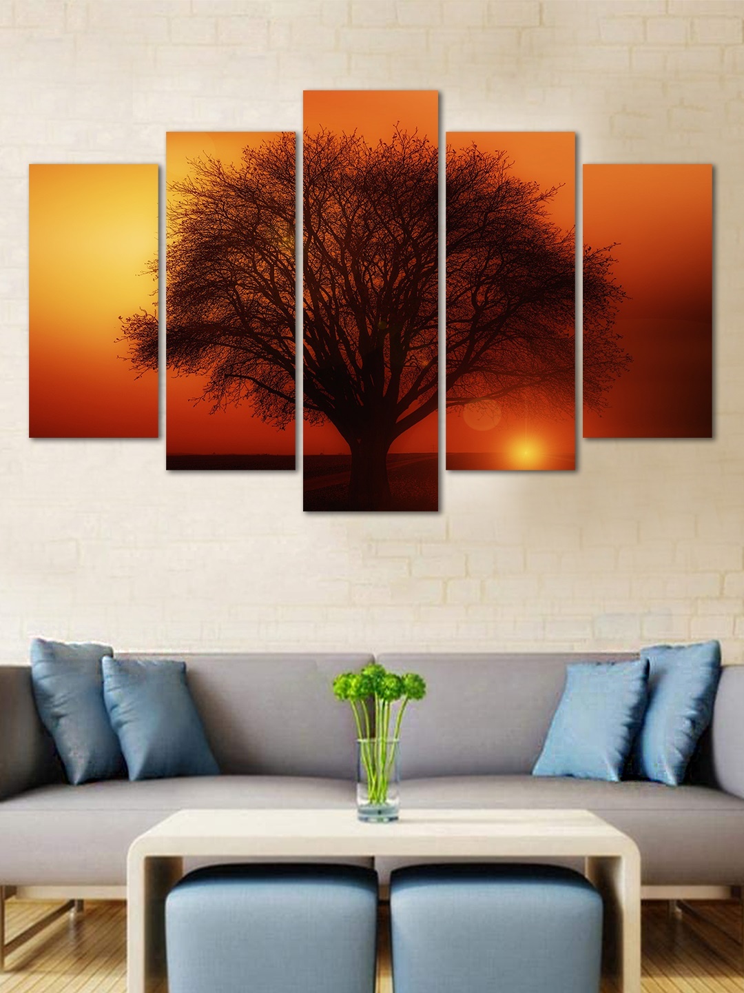 

WENS Brown & Orange Sunset Tree Reflection Velvet Laminated 5 Panelled Wall Arts