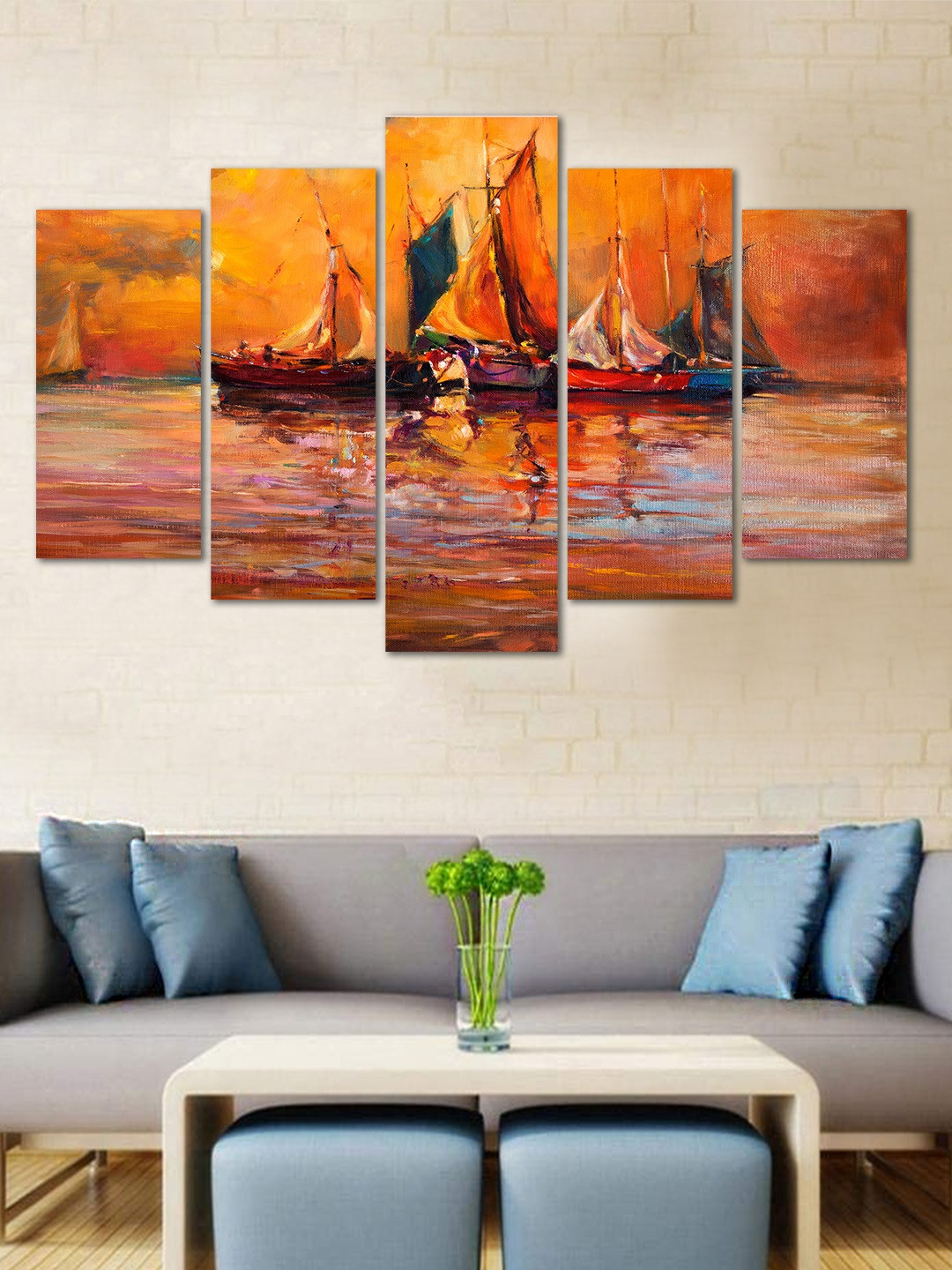 

WENS Orange & Brown Sailing Boat Velvet Laminated 5 Panelled Wall Art