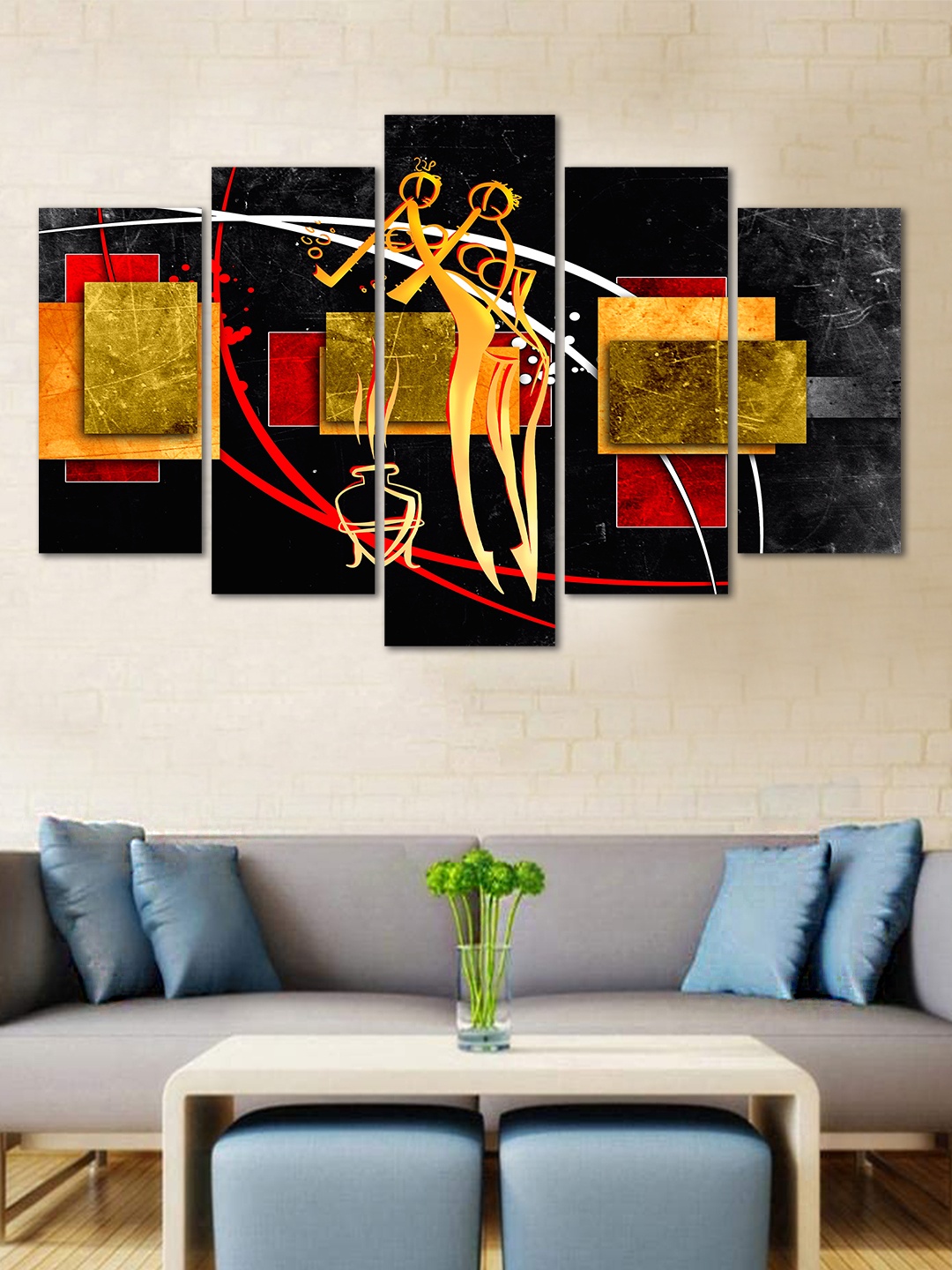 

WENS Black & Yellow Figurative 5 Panelled Velvet Laminated Wall Art