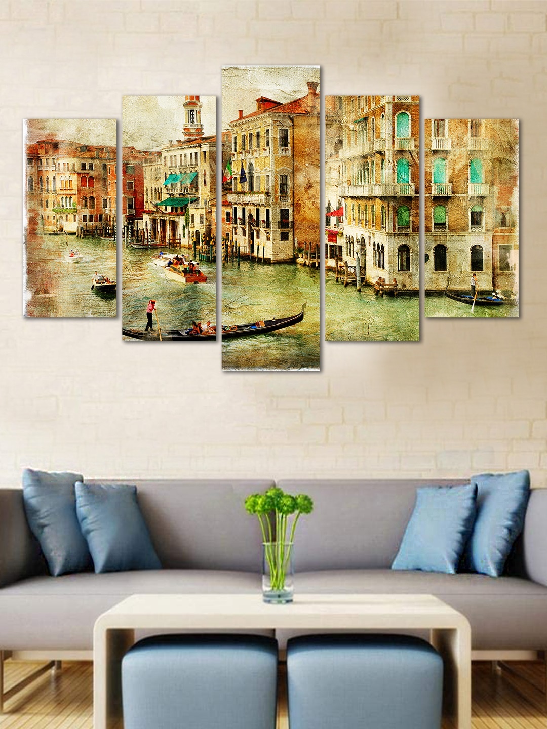 

WENS Green & Brown Venice City 5 Panelled Velvet Laminated Wall Art