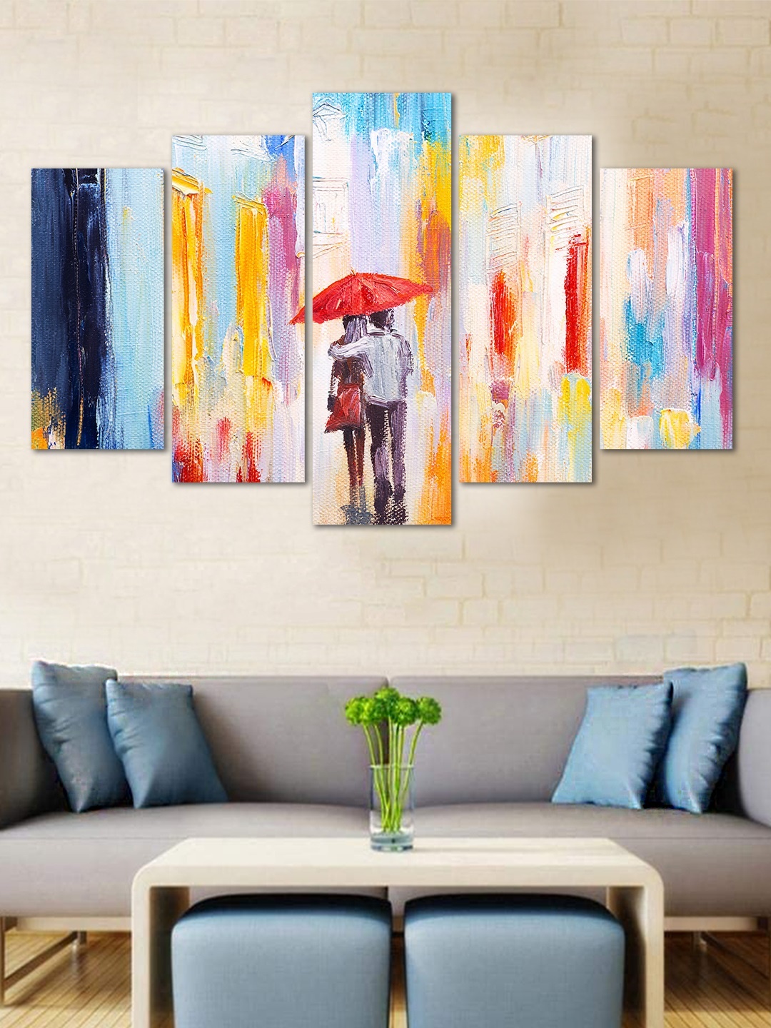 

WENS Blue & Yellow Couple Walk Velvet Laminated 5 Panelled Wall Art