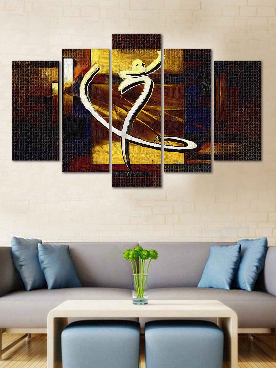 

WENS Brown & Yellow Figurative Velvet Laminated 5 Panelled Wall Art