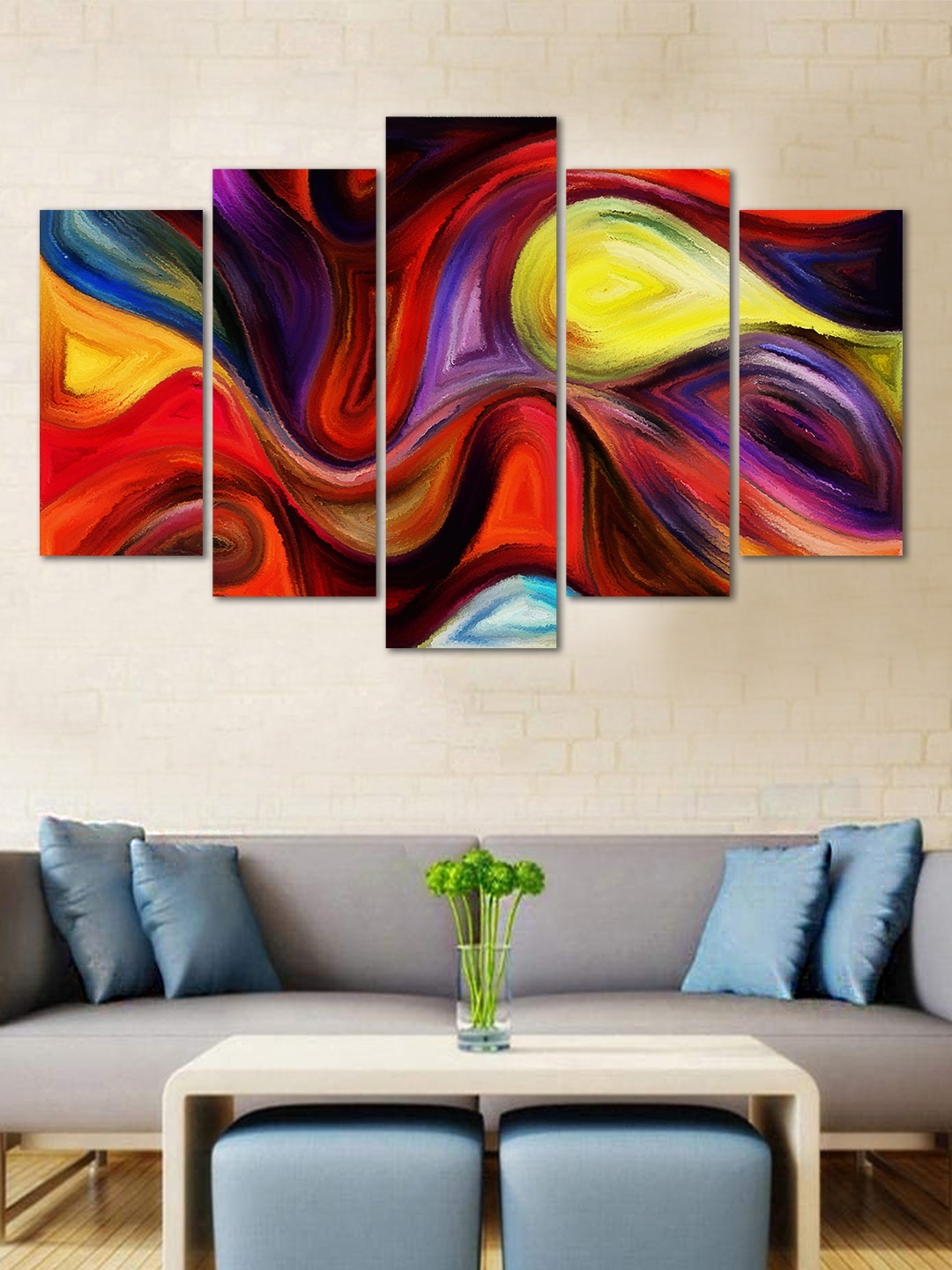 

WENS Red & Yellow Abstract Velvet Laminated 5 Panelled Wall Art