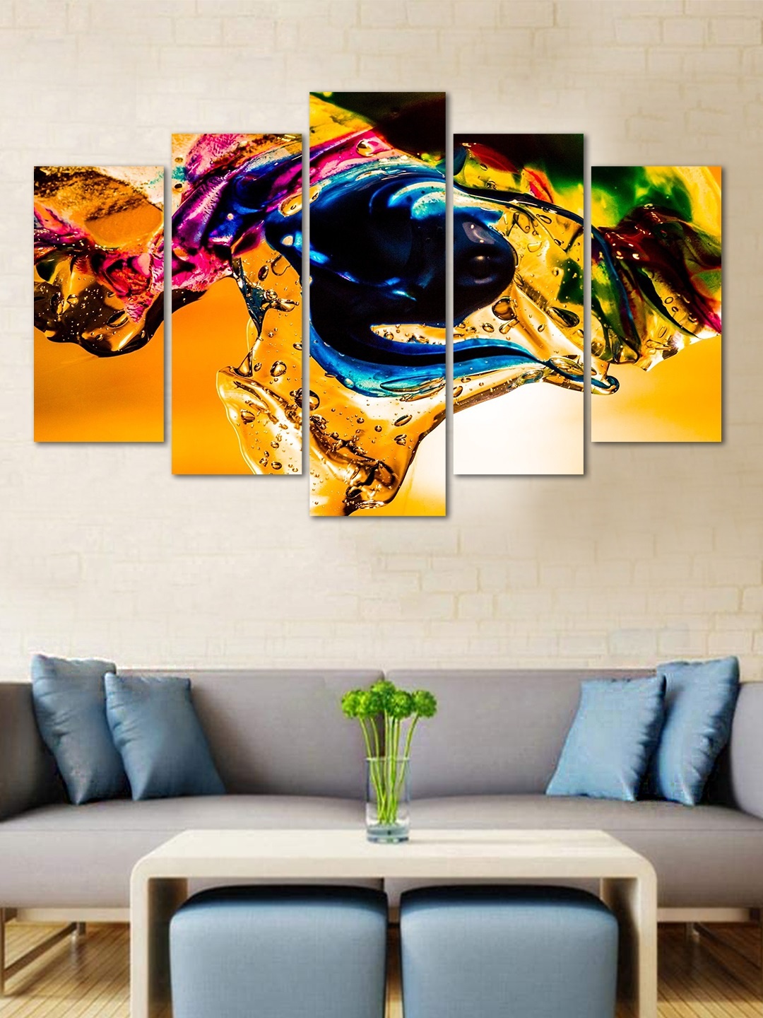 

WENS Yellow & Blue Abstract Velvet Laminated 5 Panels Framed Wall Art