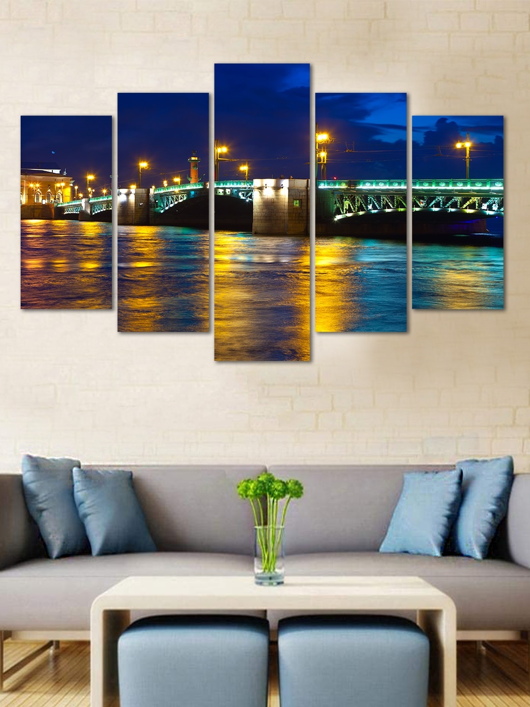 

WENS Blue & Green Wonder Bridge Velvet Laminated 5 Panels Framed Wall Art