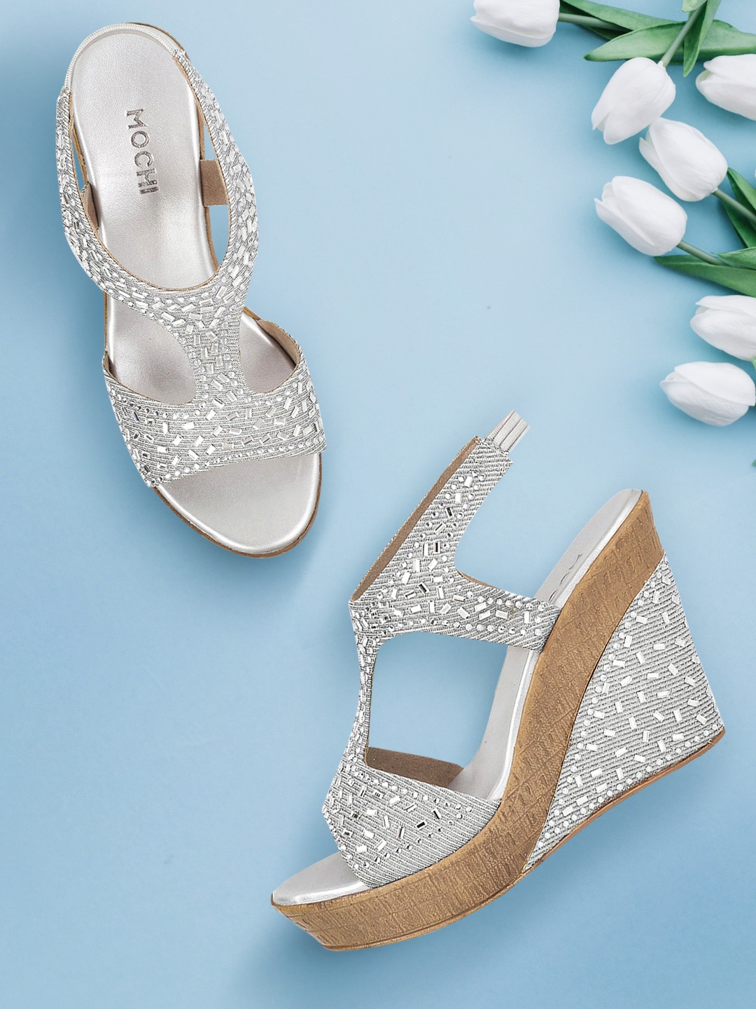 

Mochi Women Silver-Toned Embellished Wedges