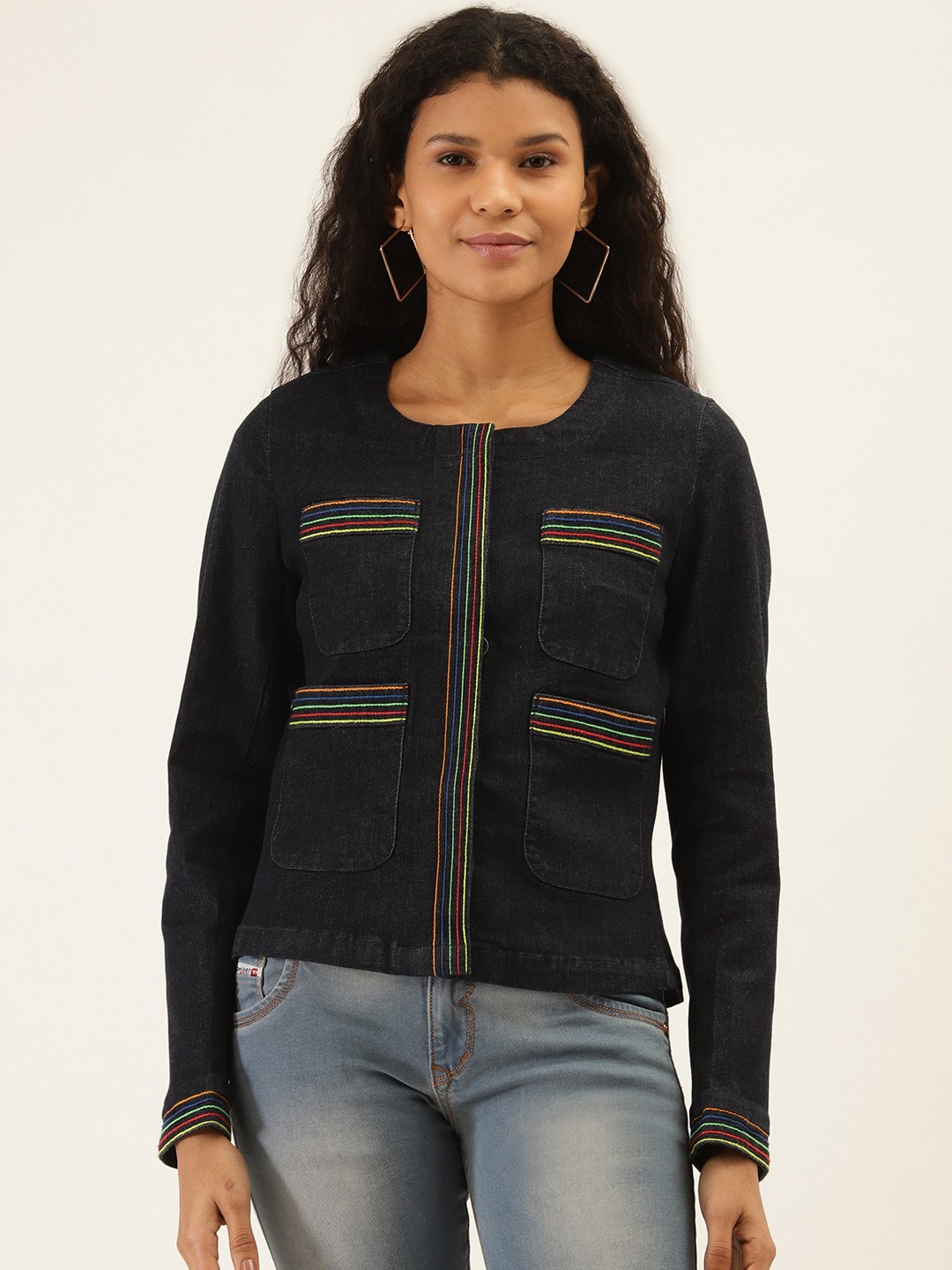 

United Colors of Benetton Women Navy Blue Solid Denim Jacket