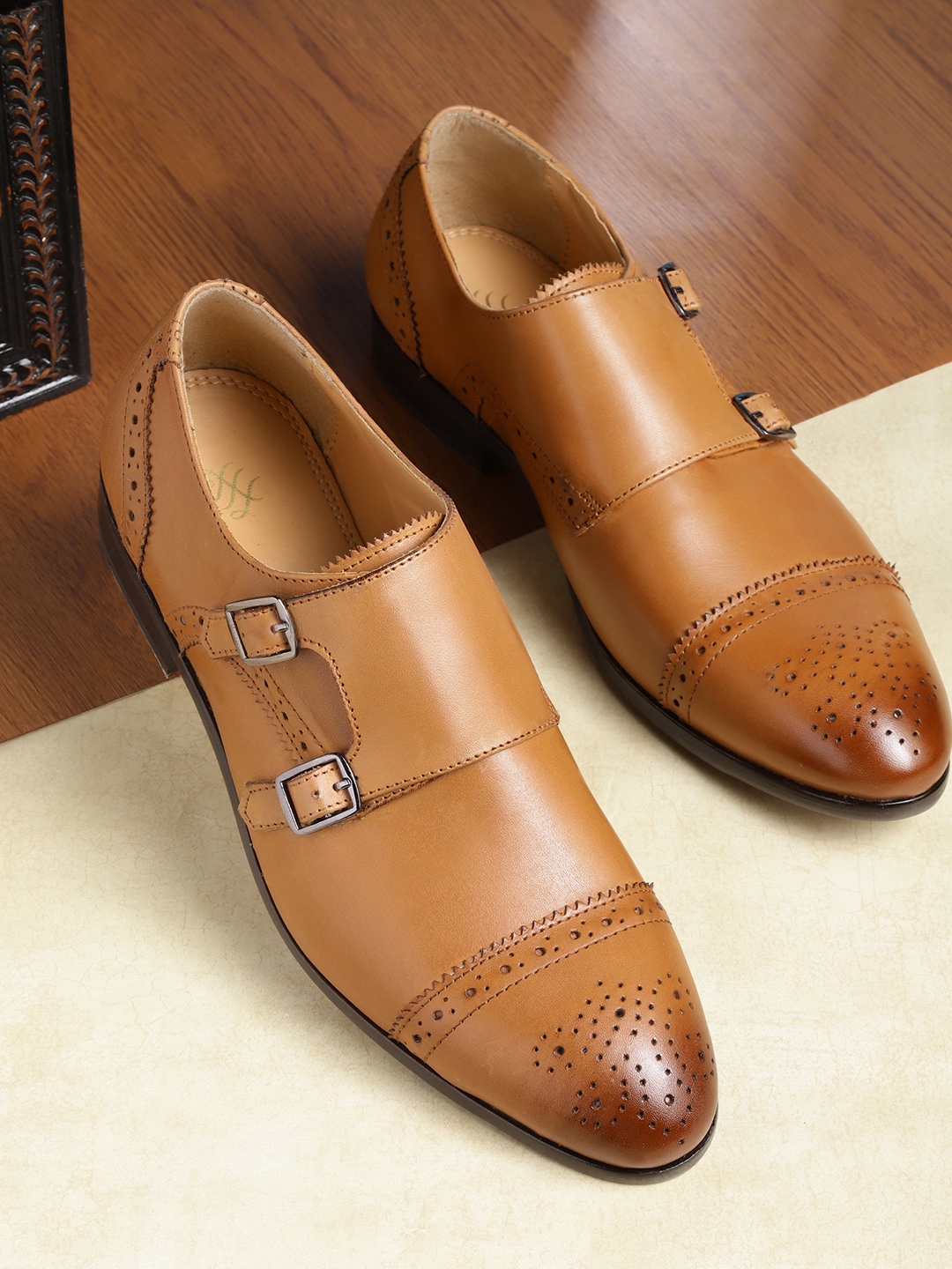 

House of Pataudi Men Tan Brown Leather Brogue Detail Handcrafted Formal Monks