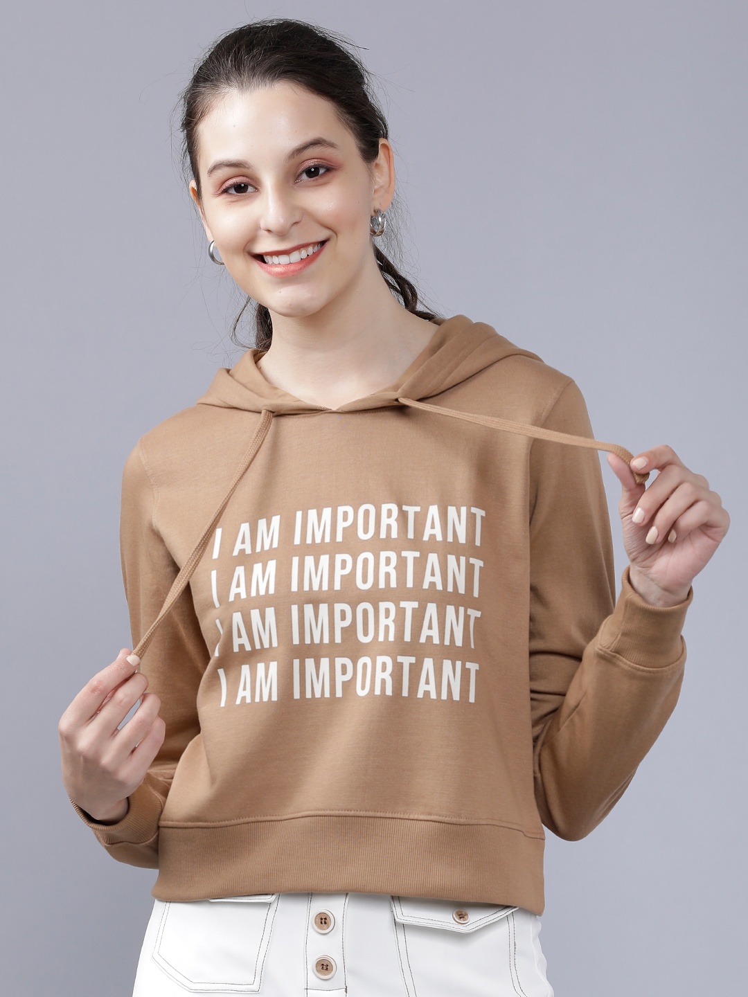 

Tokyo Talkies Women Khaki Printed Hooded Sweatshirt