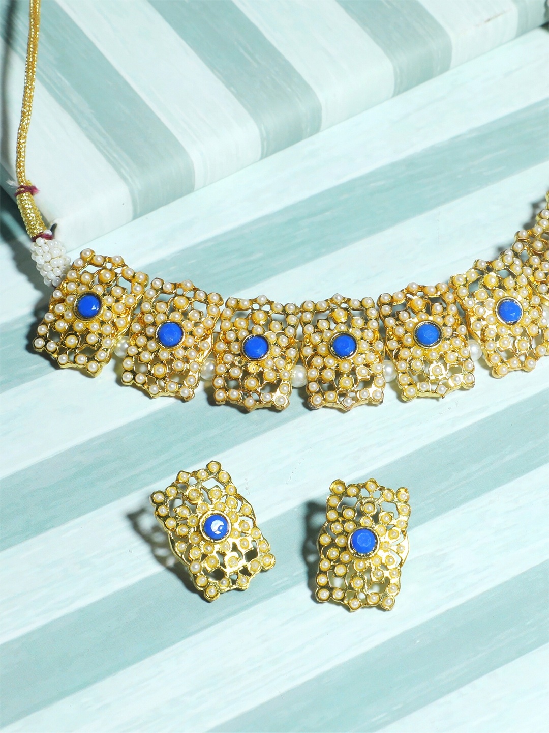 

KARATCART Gold-Plated White & Blue Stone-Studded Beaded Handcrafted Jewellery Set